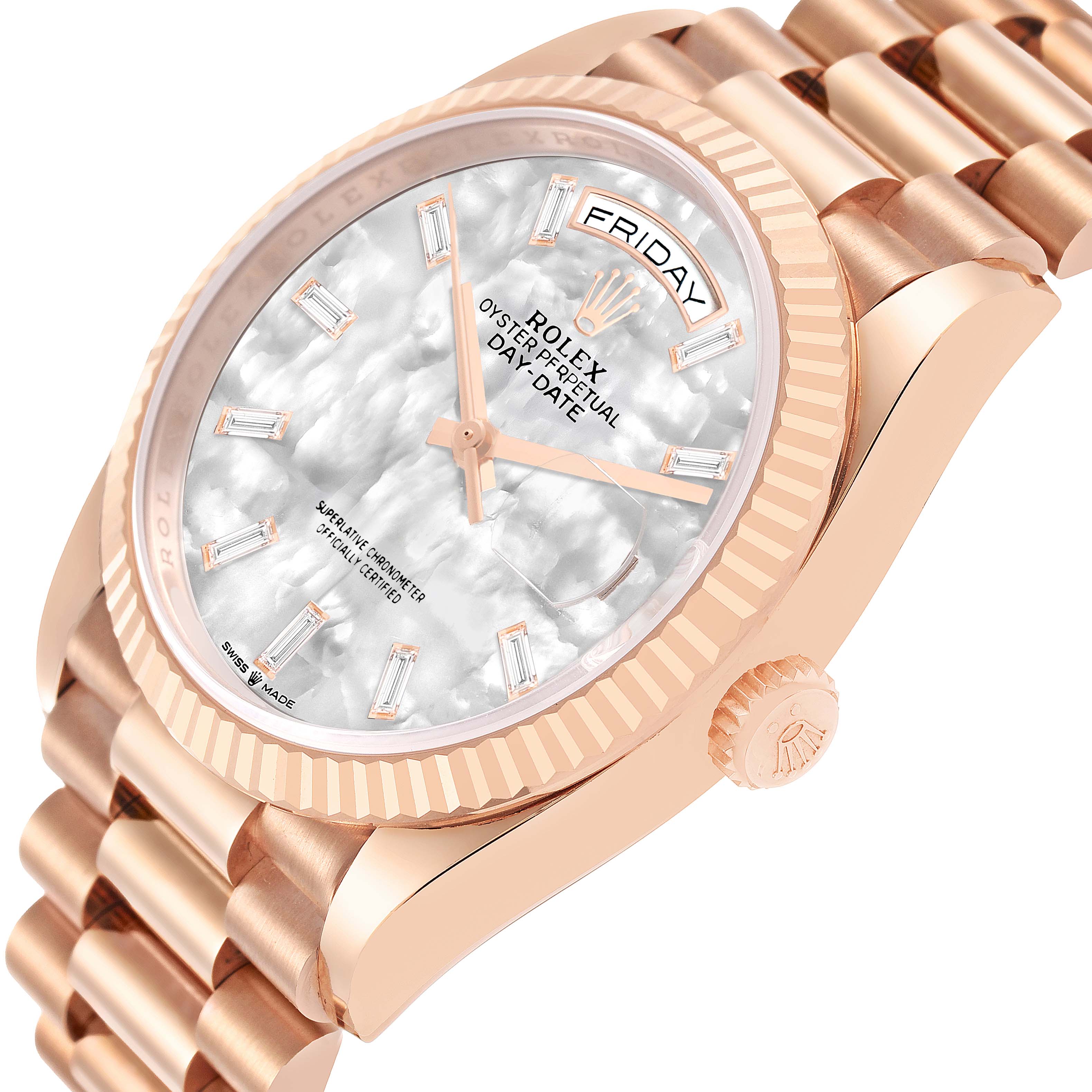 The Rolex President 128235 Men's Rose Gold Mother of Pearl Dial model is shown at an angled view, highlighting its face, fluted bezel, and part of the bracelet.