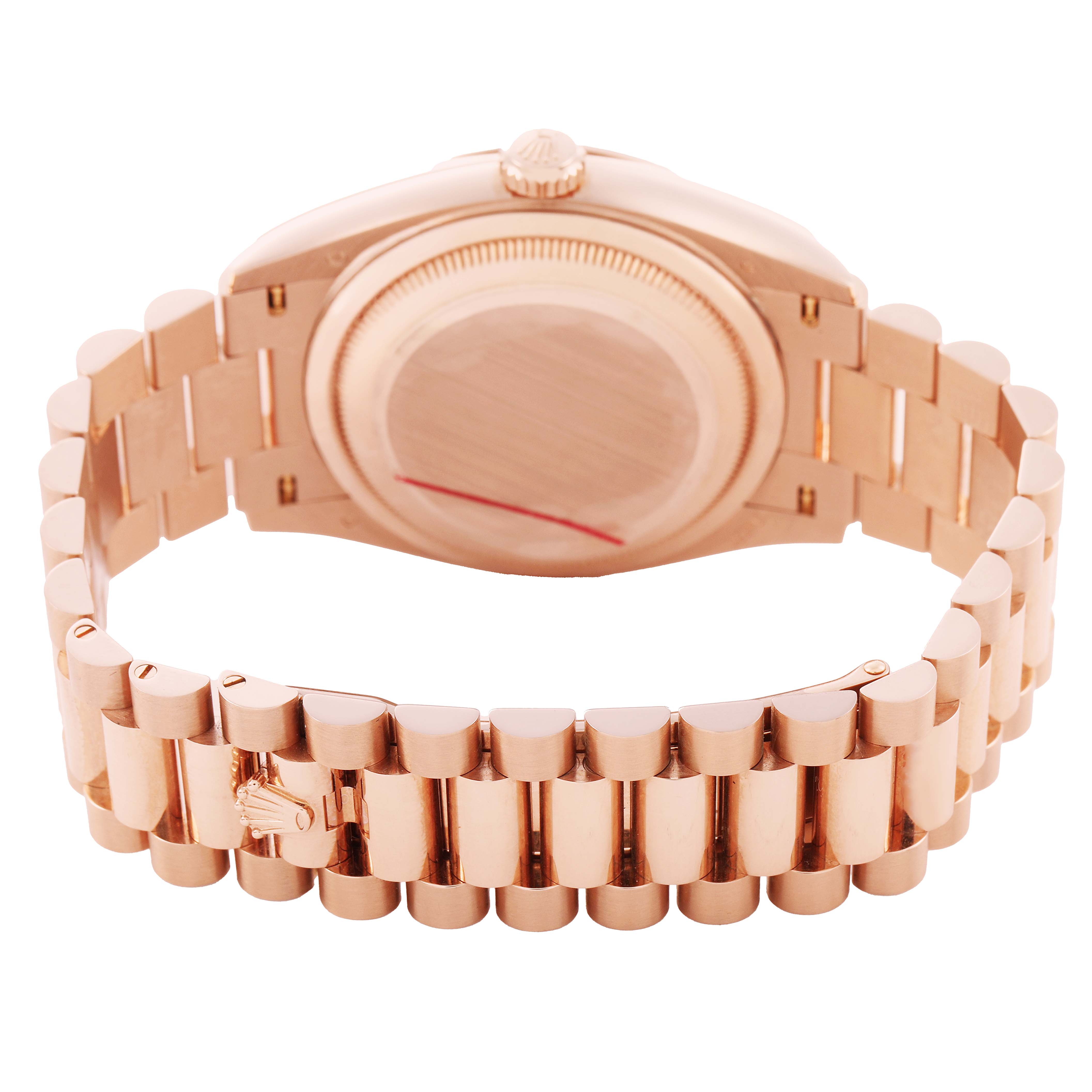 The Rolex President 128235 Men's Rose Gold Mother of Pearl Dial model is shown from the rear, highlighting the bracelet and case back.