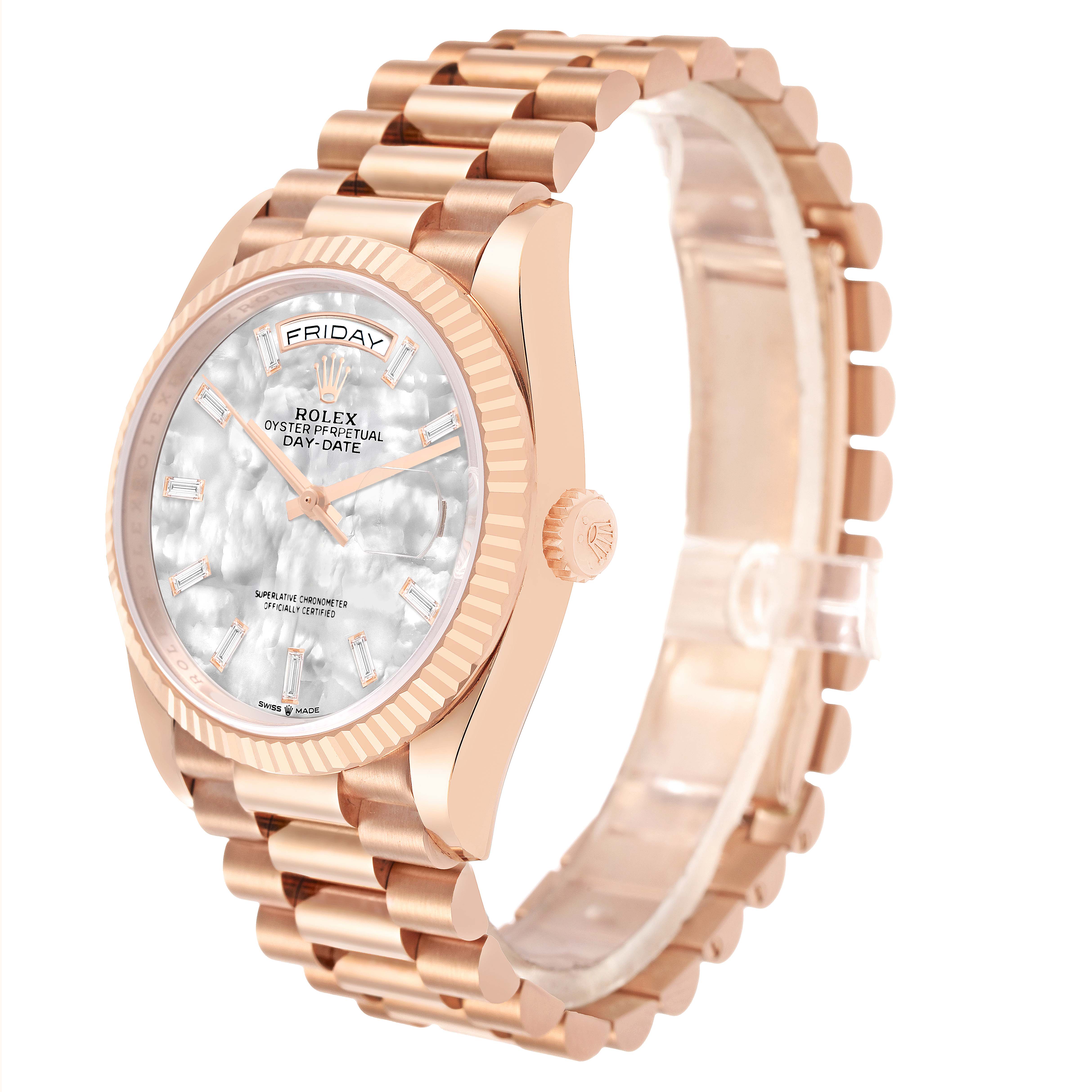 The Rolex President 128235 Men's Rose Gold Mother of Pearl Dial model watch is shown at a three-quarter angle, highlighting the face, bezel, crown, and bracelet.