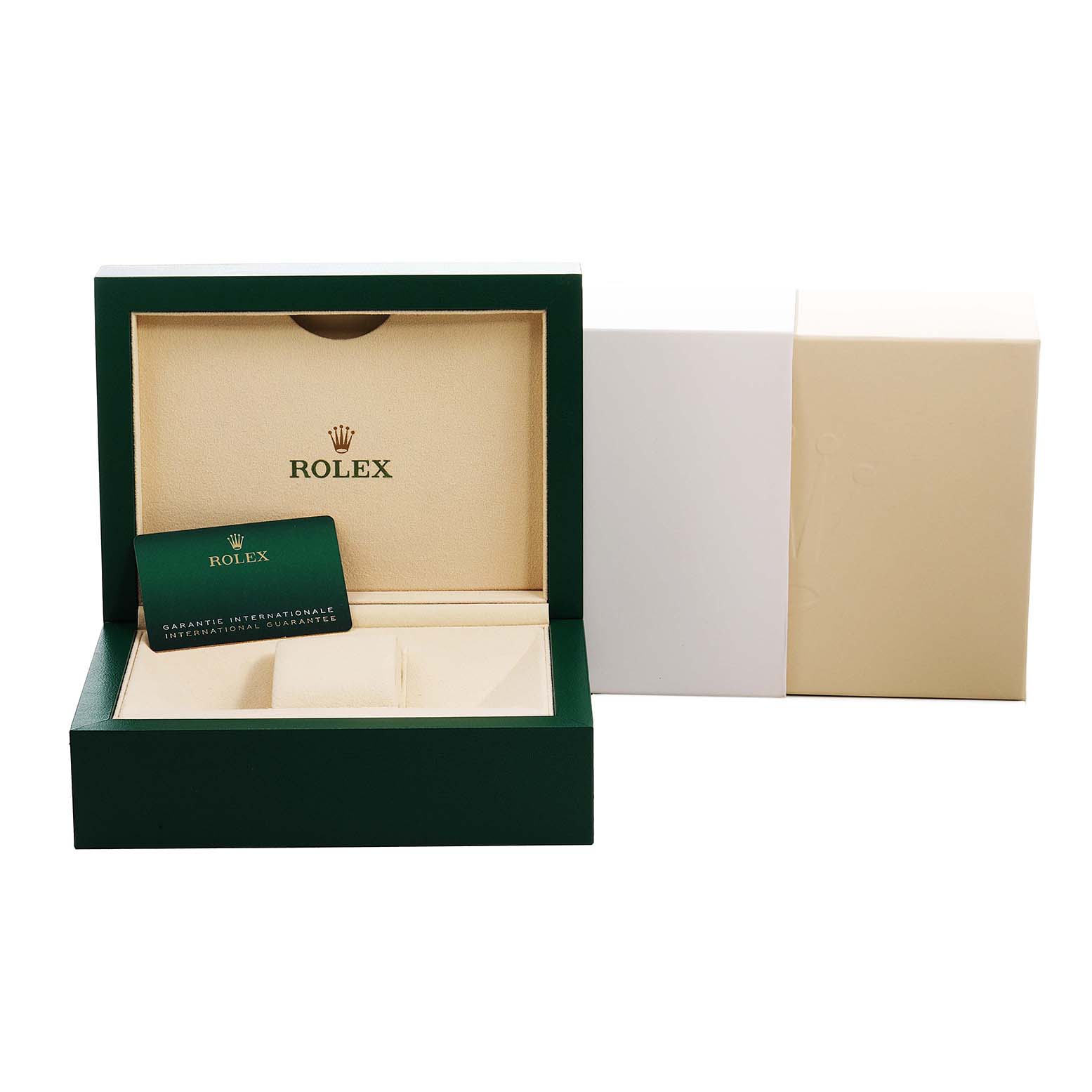 The image shows the open box for a Rolex President 128235 Men's Rose Gold Mother of Pearl Dial watch, featuring the brand logo and a guarantee card.