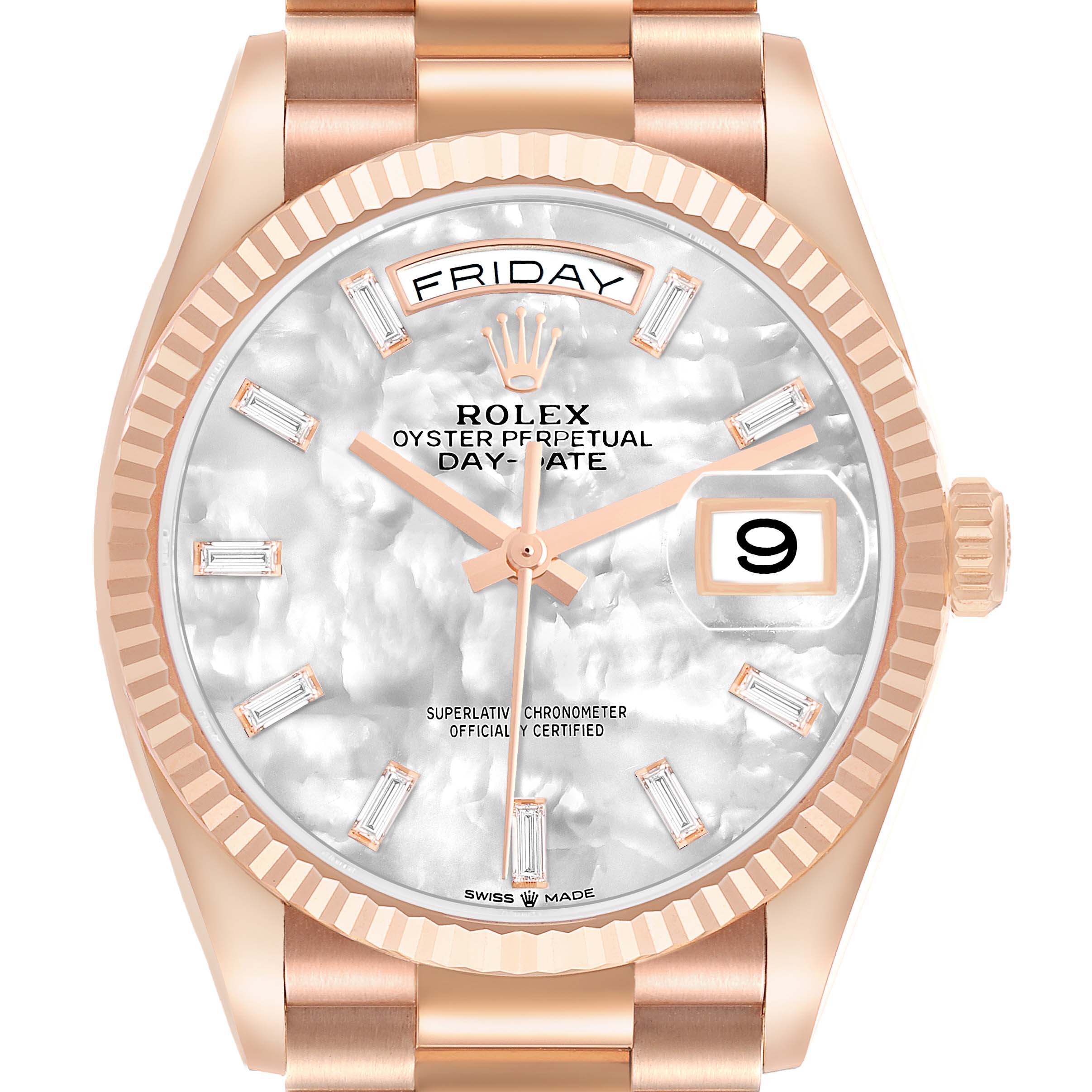 The Rolex President 128235 Men's Rose Gold Mother of Pearl Dial model is shown from the front, highlighting the dial, day-date features, and part of the band.