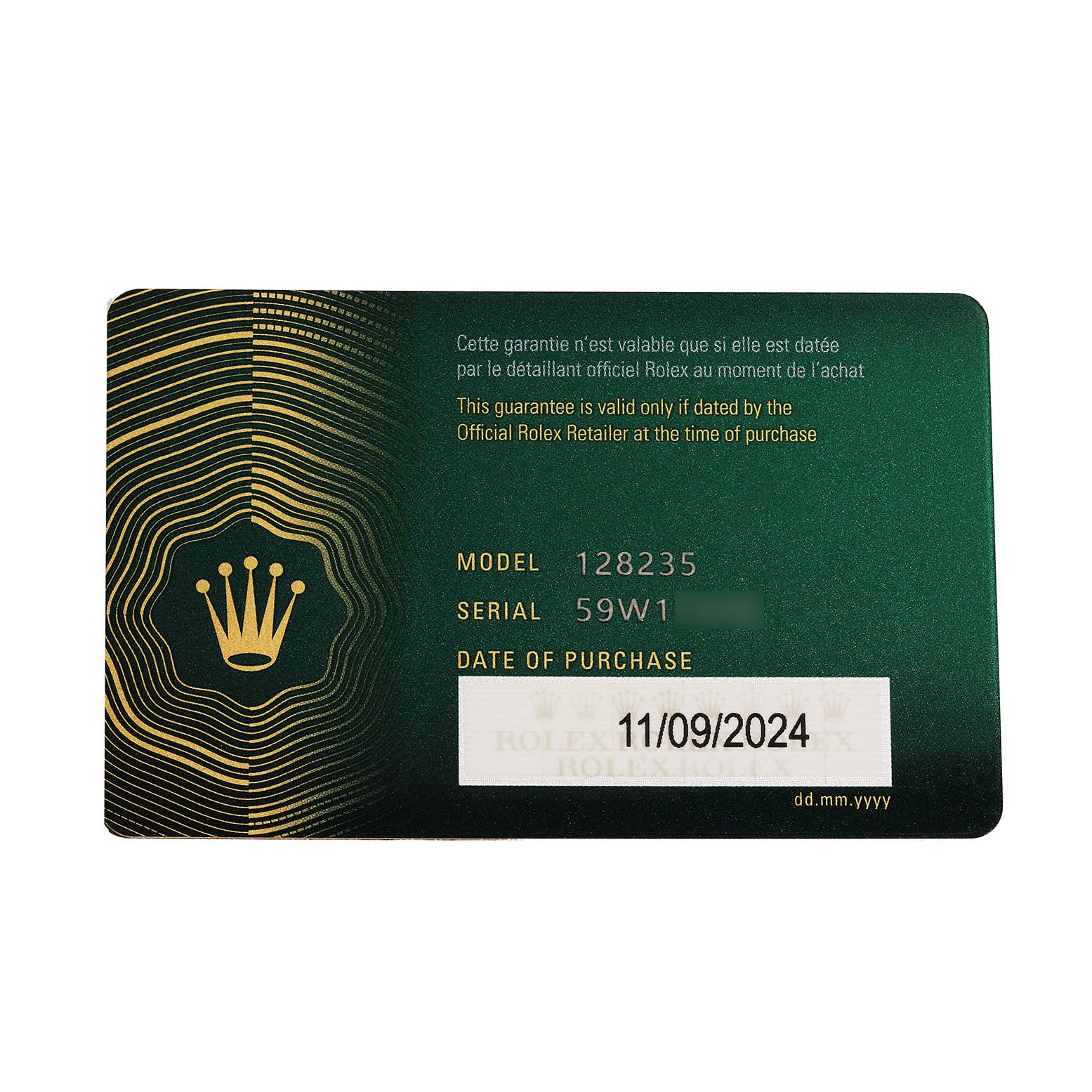 The image shows a Rolex warranty card for the President model, displaying model number, serial number, and purchase date.