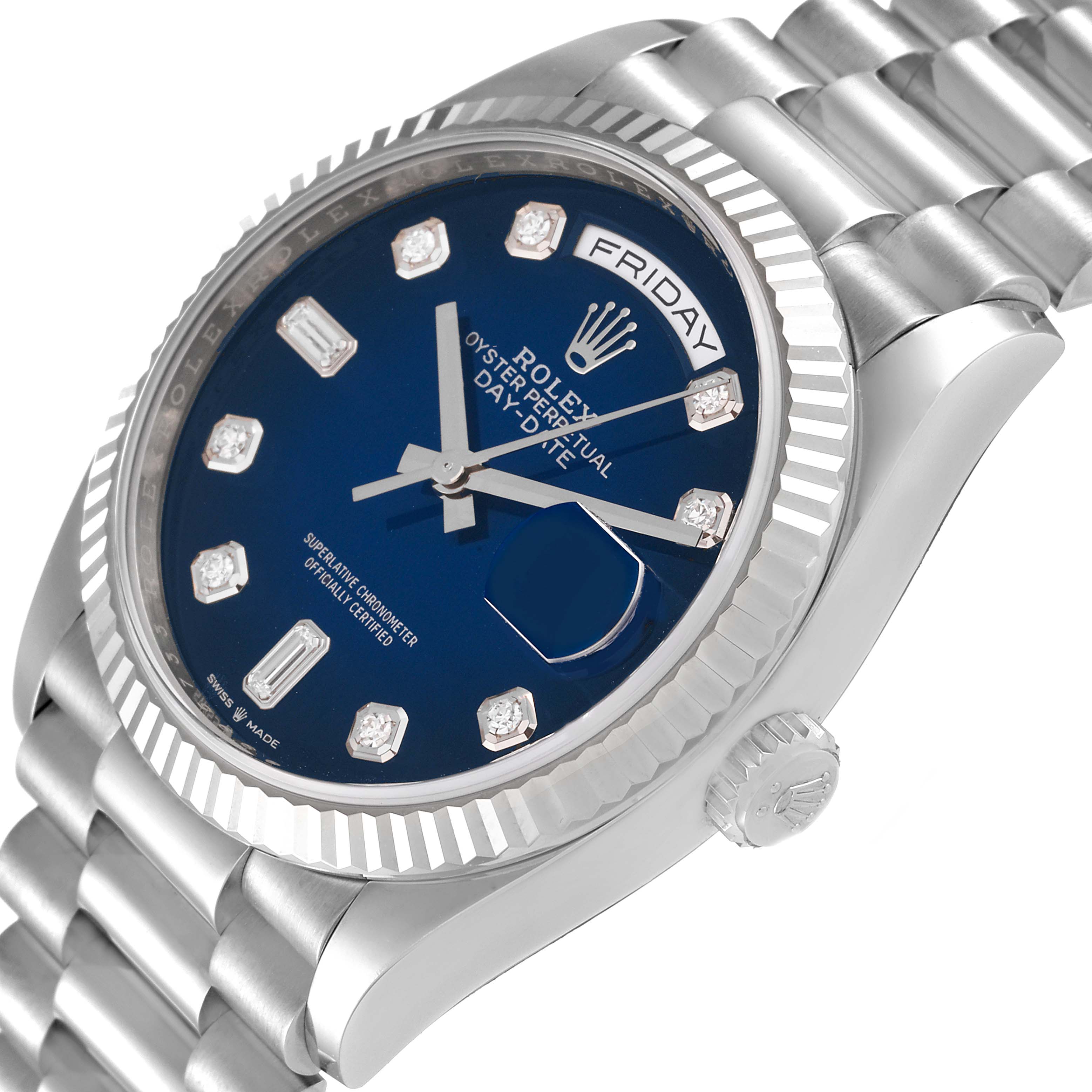 This image shows a close-up angle of the Rolex President 128239 Men's White Gold Blue Dial 128239 Men's White Gold Blue Dial model watch, highlighting its blue dial, diamond hour markers, and fluted bezel.