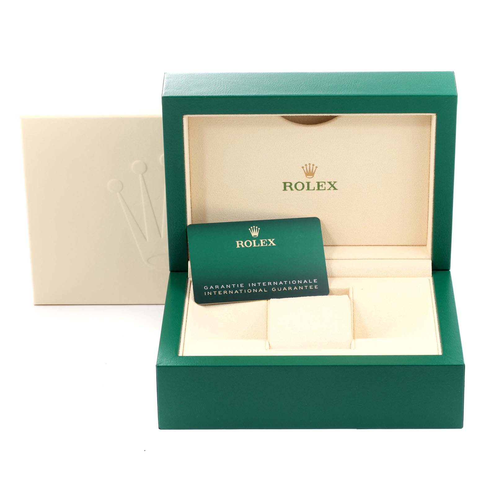 The image shows the opened box and guarantee card for a Rolex President 128239 Men's White Gold Blue Dial 128239 Men's White Gold Blue Dial model watch.