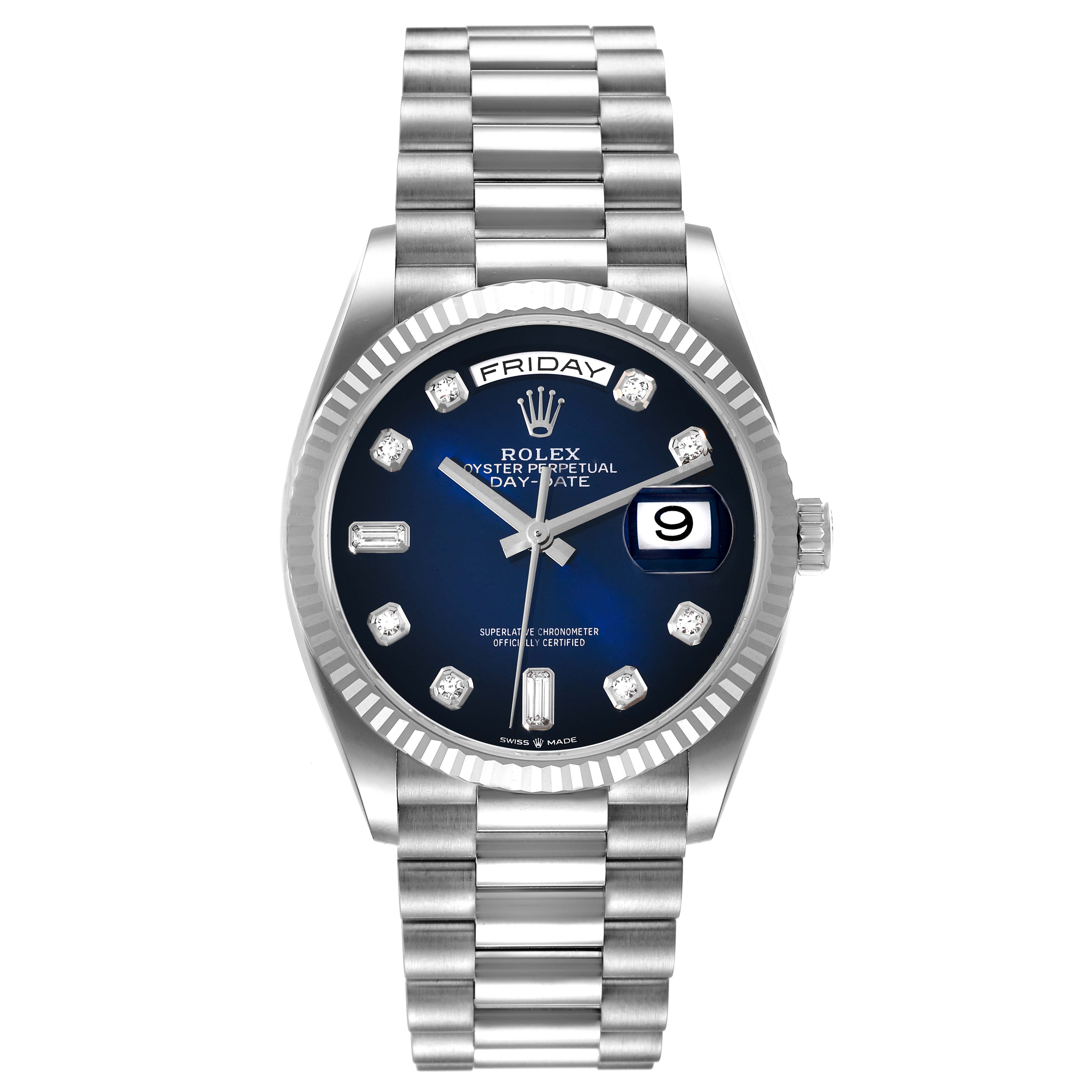 This image shows a frontal view of a Rolex President 128239 Men's White Gold Blue Dial 128239 Men's White Gold Blue Dial model watch with a blue dial, day and date display, and a stainless steel bracelet.