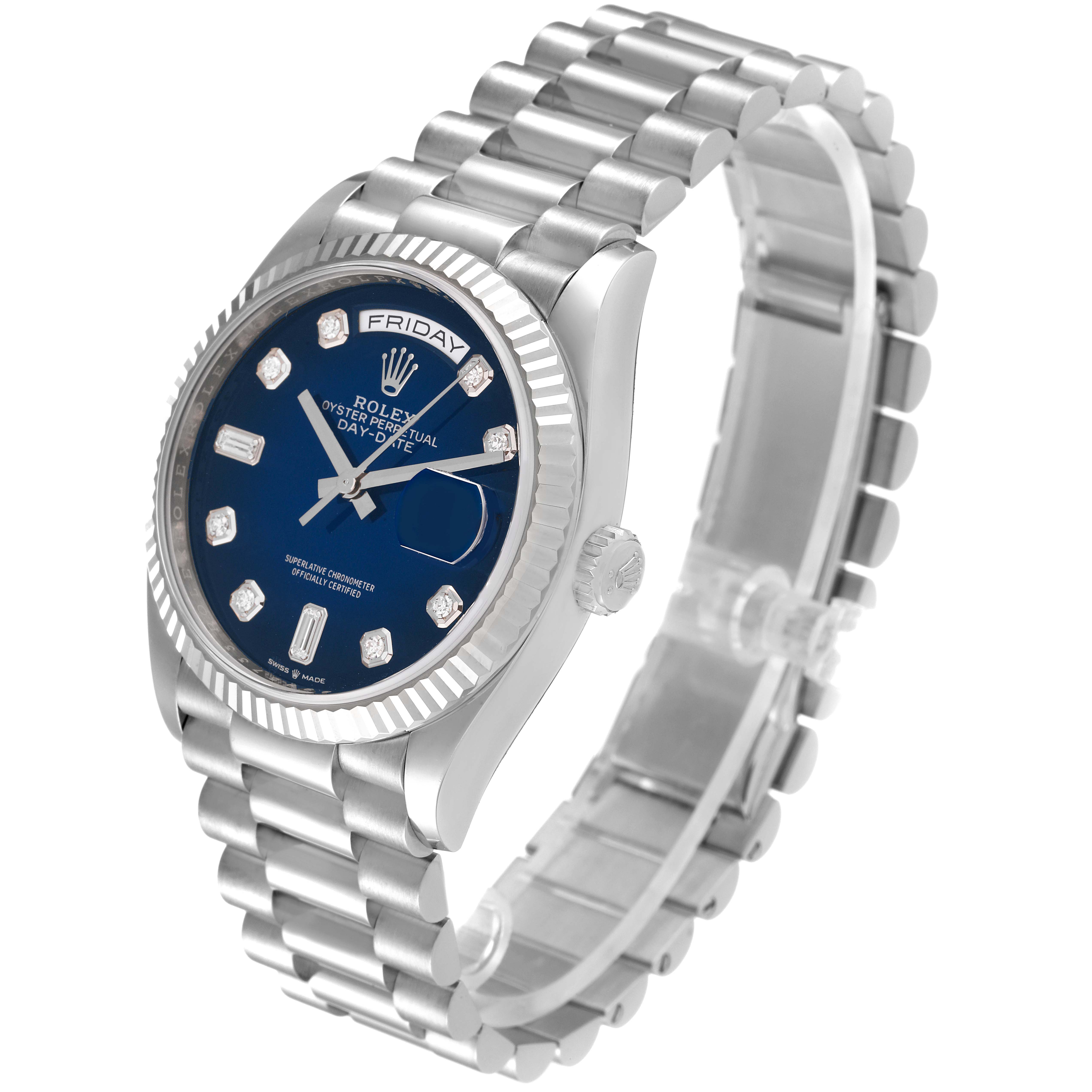 The image shows a Rolex President 128239 Men's White Gold Blue Dial 128239 Men's White Gold Blue Dial model watch at a three-quarter angle, highlighting its bracelet, dial, and fluted bezel.