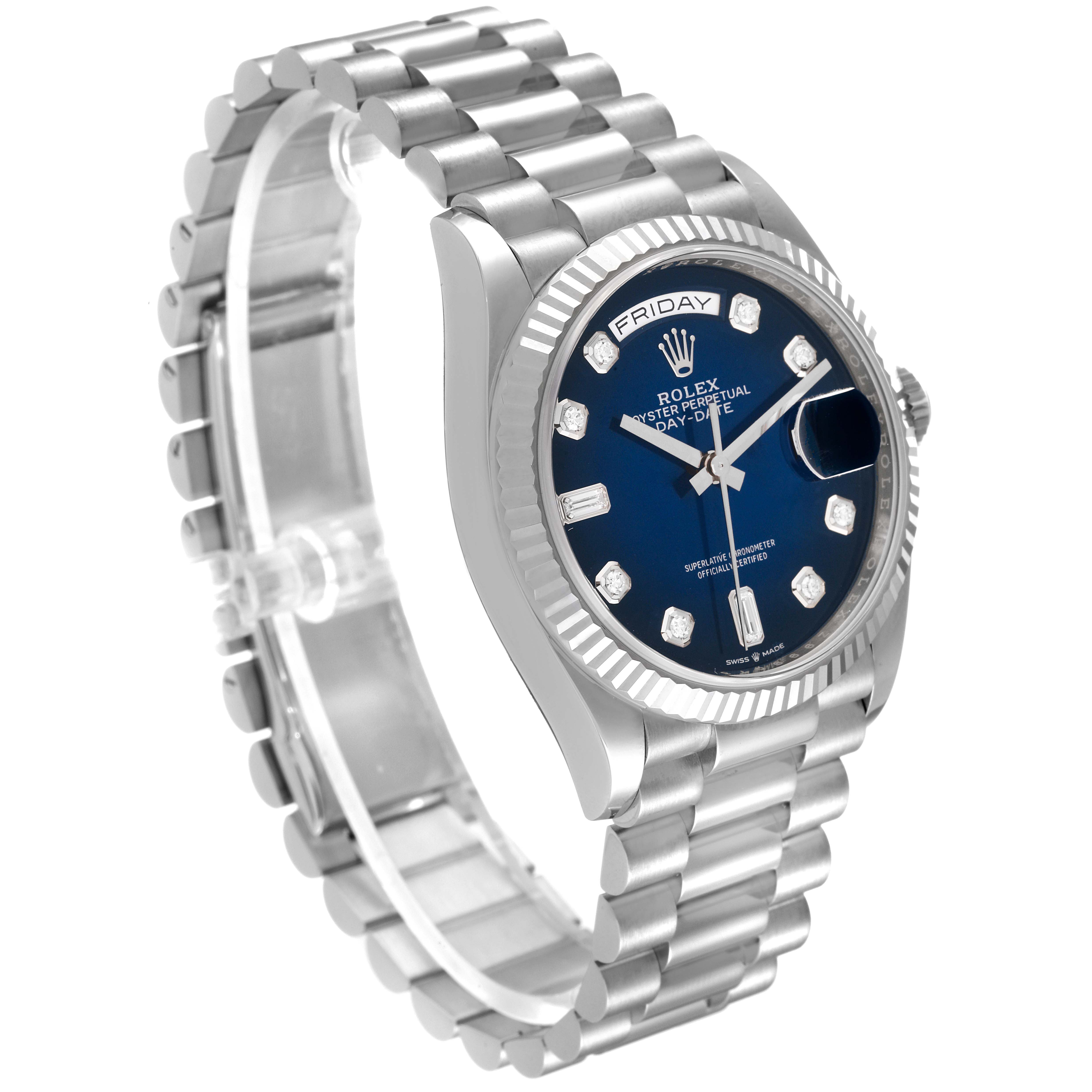 This Rolex President 128239 Men's White Gold Blue Dial 128239 Men's White Gold Blue Dial model watch is shown at a three-quarter angle, displaying the dial, bezel, and bracelet.