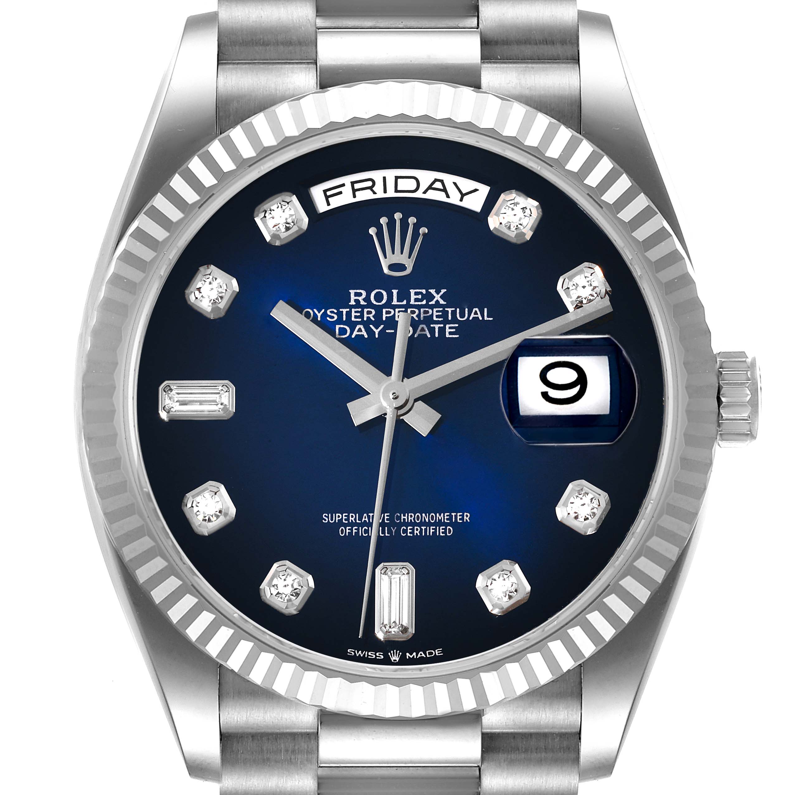 The image shows a front view of a Rolex President 128239 Men's White Gold Blue Dial 128239 Men's White Gold Blue Dial model watch, highlighting its dial, day and date display, and part of the bracelet.