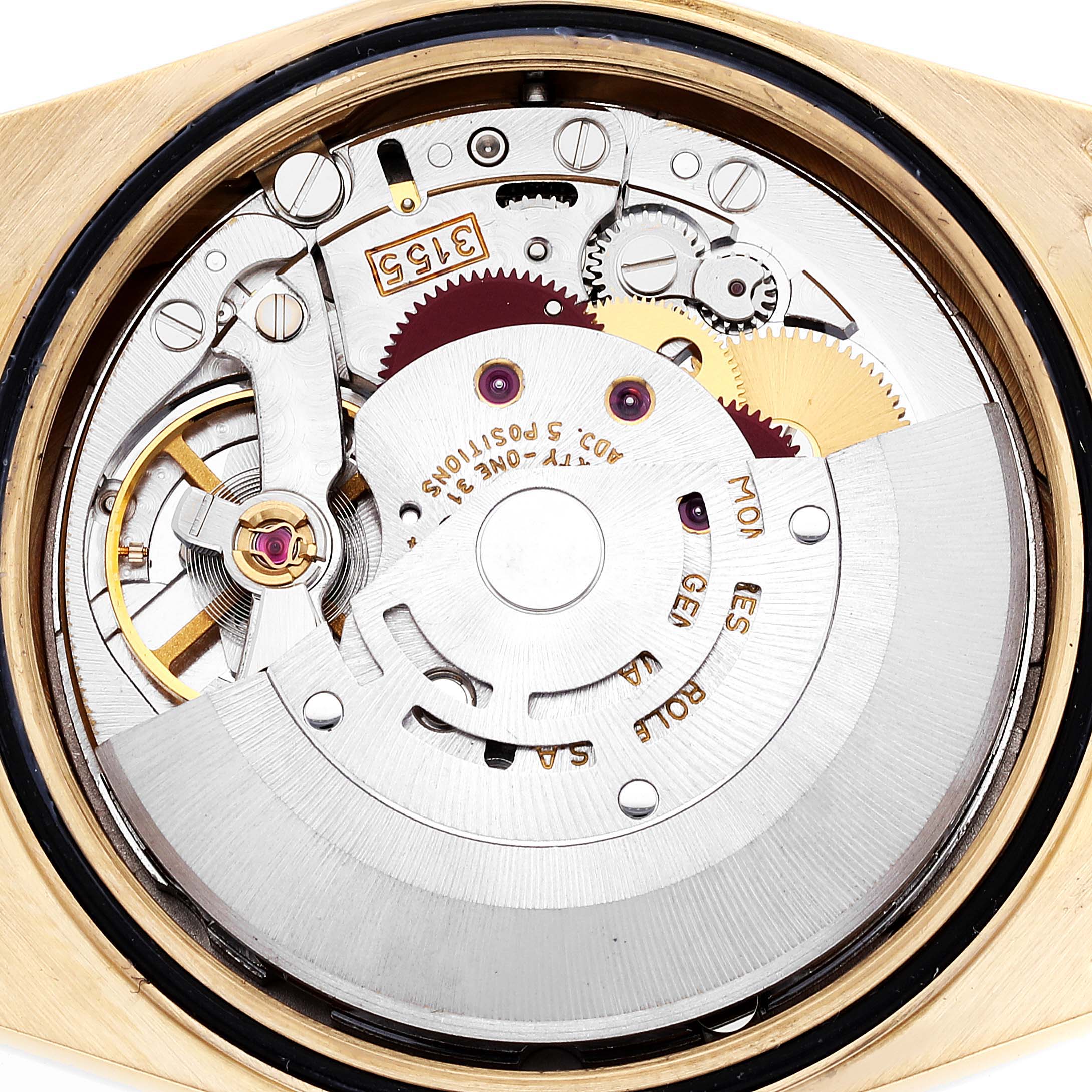 This is a macro view of the Rolex President 18248 Men
s Yellow Gold Champagne Dial 18248 Men
s Yellow Gold Champagne Dial model watch showcasing its intricate internal movement parts.