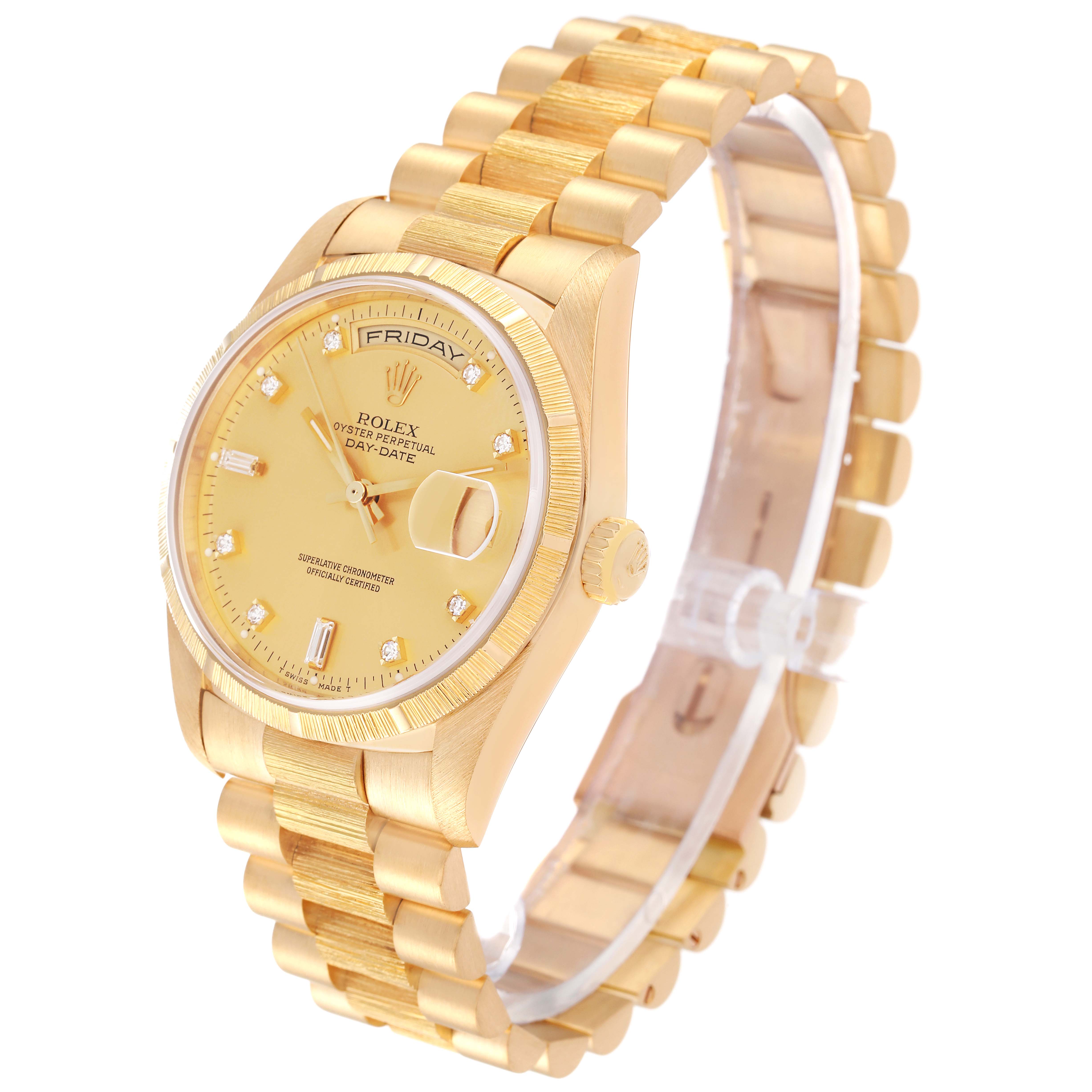 The image shows a Rolex President 18248 Men
s Yellow Gold Champagne Dial 18248 Men
s Yellow Gold Champagne Dial Day-Date watch in gold at a three-quarter angle, highlighting the dial, bracelet, and crown.