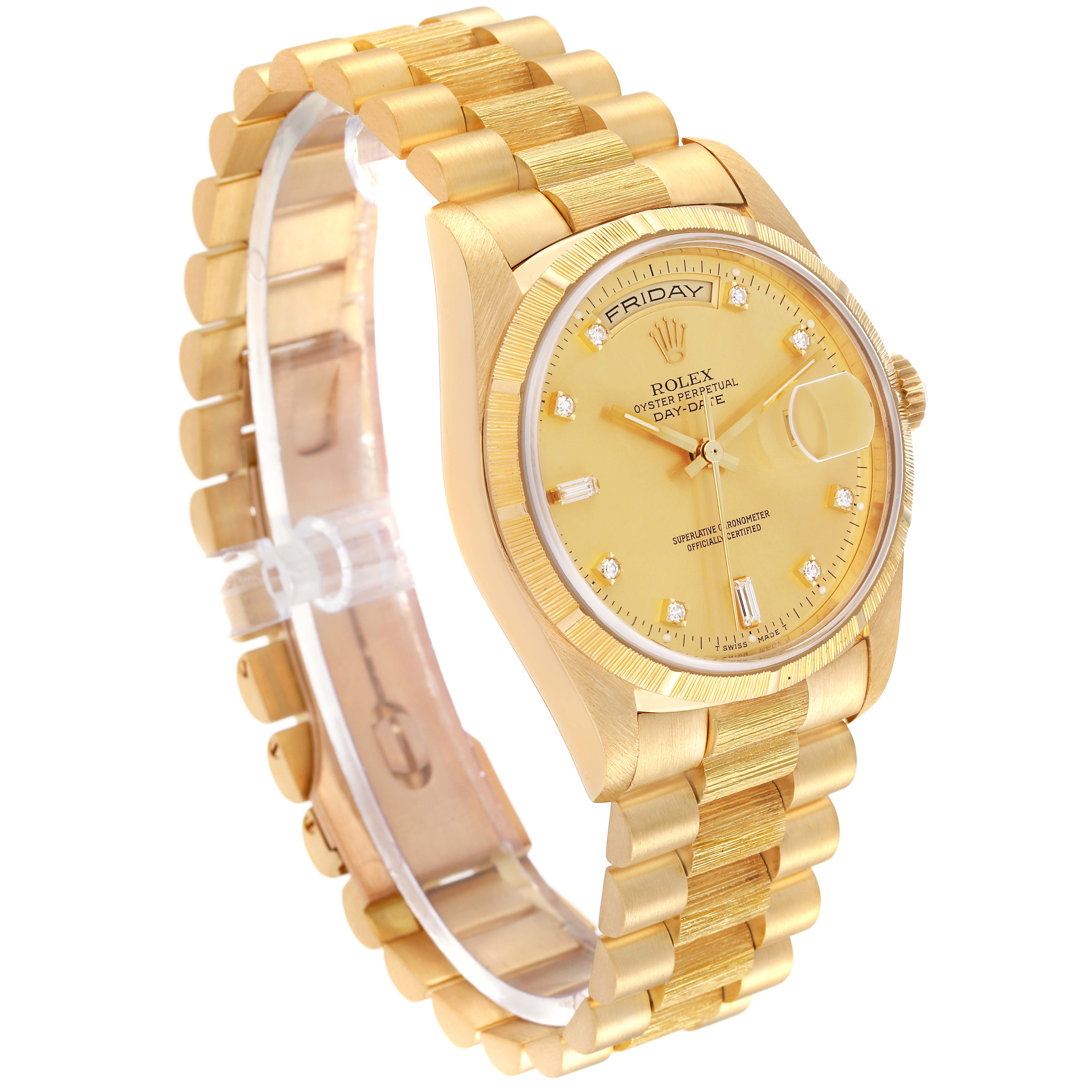 This image shows a Rolex President 18248 Men
s Yellow Gold Champagne Dial 18248 Men
s Yellow Gold Champagne Dial model watch with gold bracelet, dial, and case, viewed at a slight angle from the front.