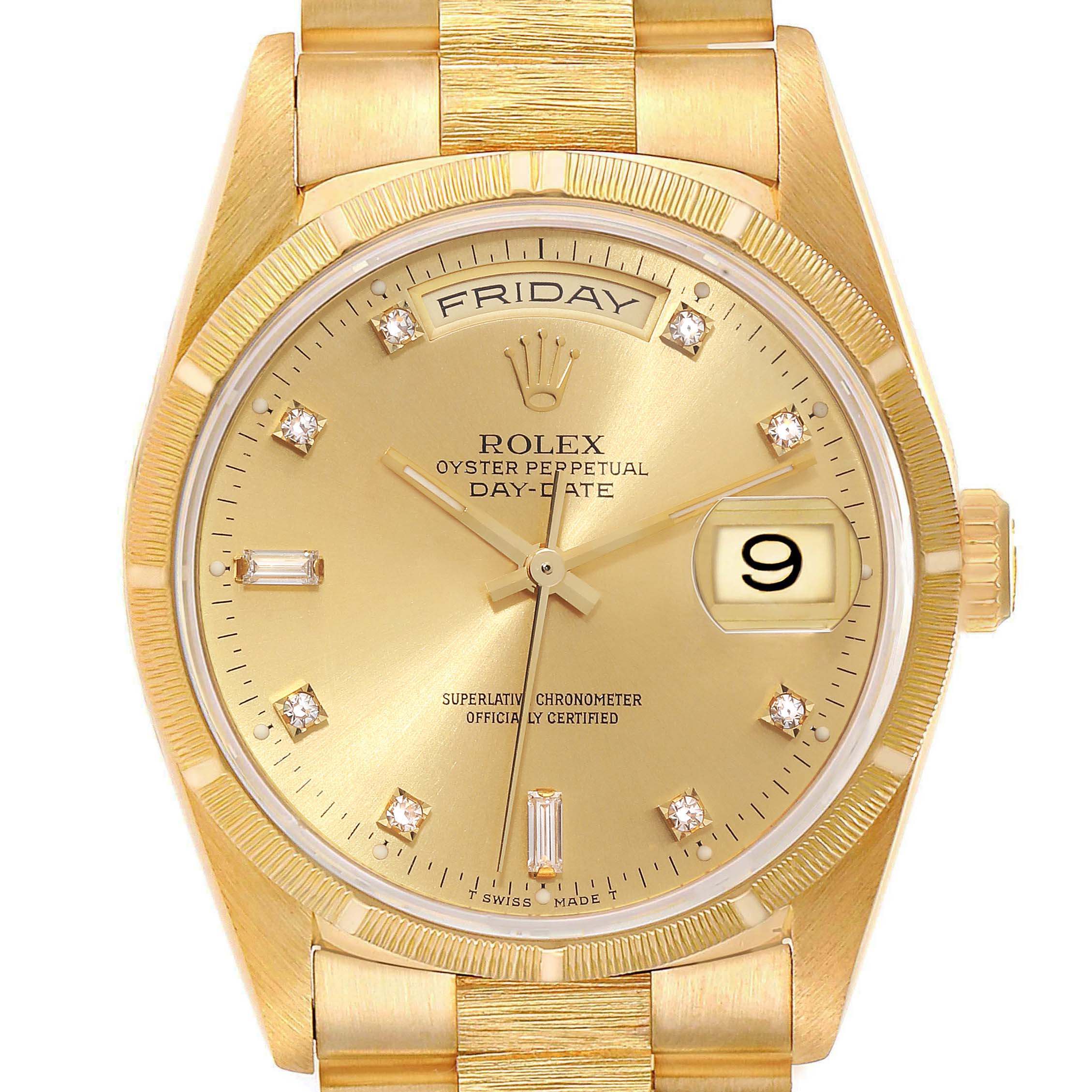 The image shows a front view of the Rolex President 18248 Men
s Yellow Gold Champagne Dial 18248 Men
s Yellow Gold Champagne Dial model watch, featuring a gold dial, day, and date functions, with diamond hour markers.