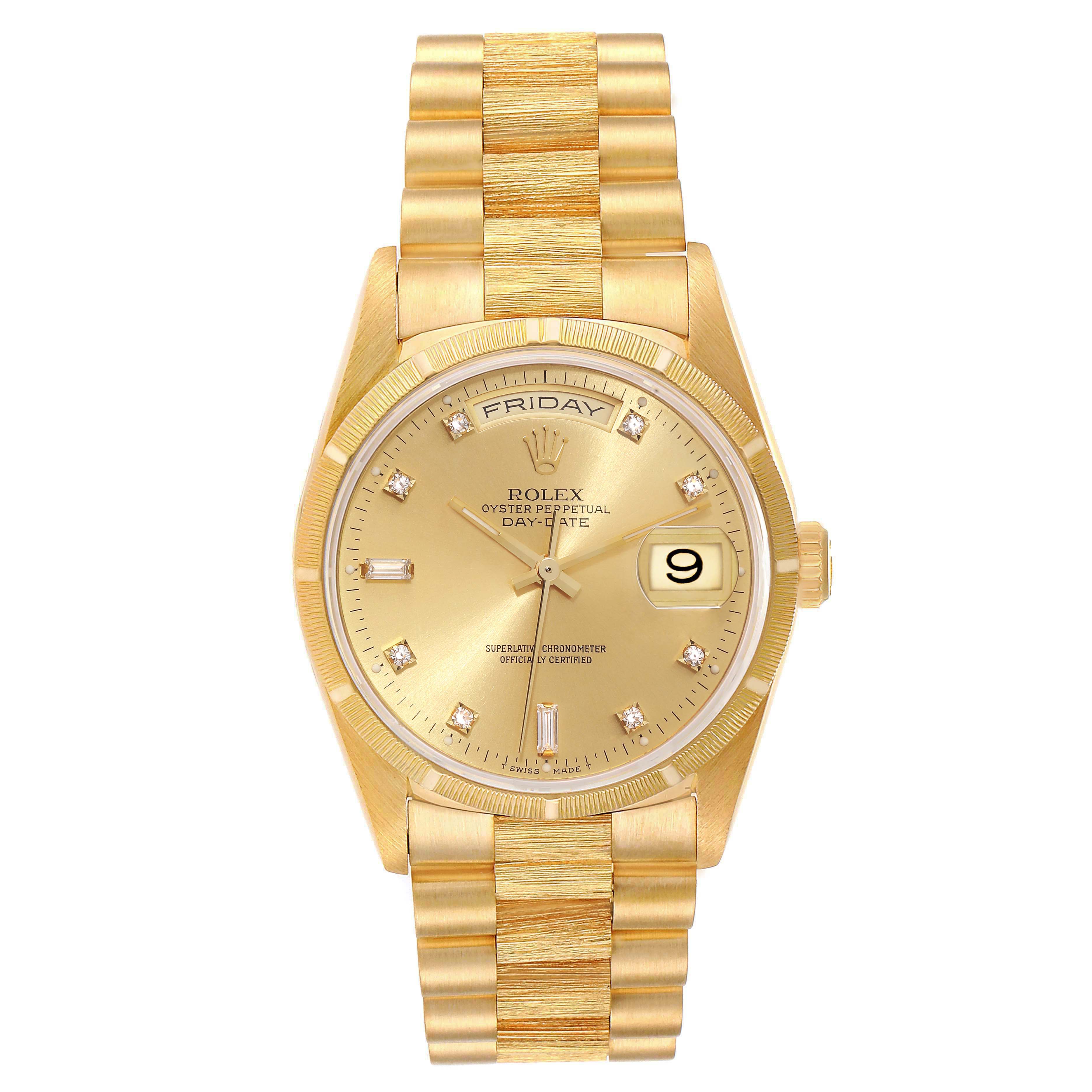 The Rolex President 18248 Men
s Yellow Gold Champagne Dial 18248 Men
s Yellow Gold Champagne Dial model watch is shown from the front, showcasing its dial, bezel, and band.