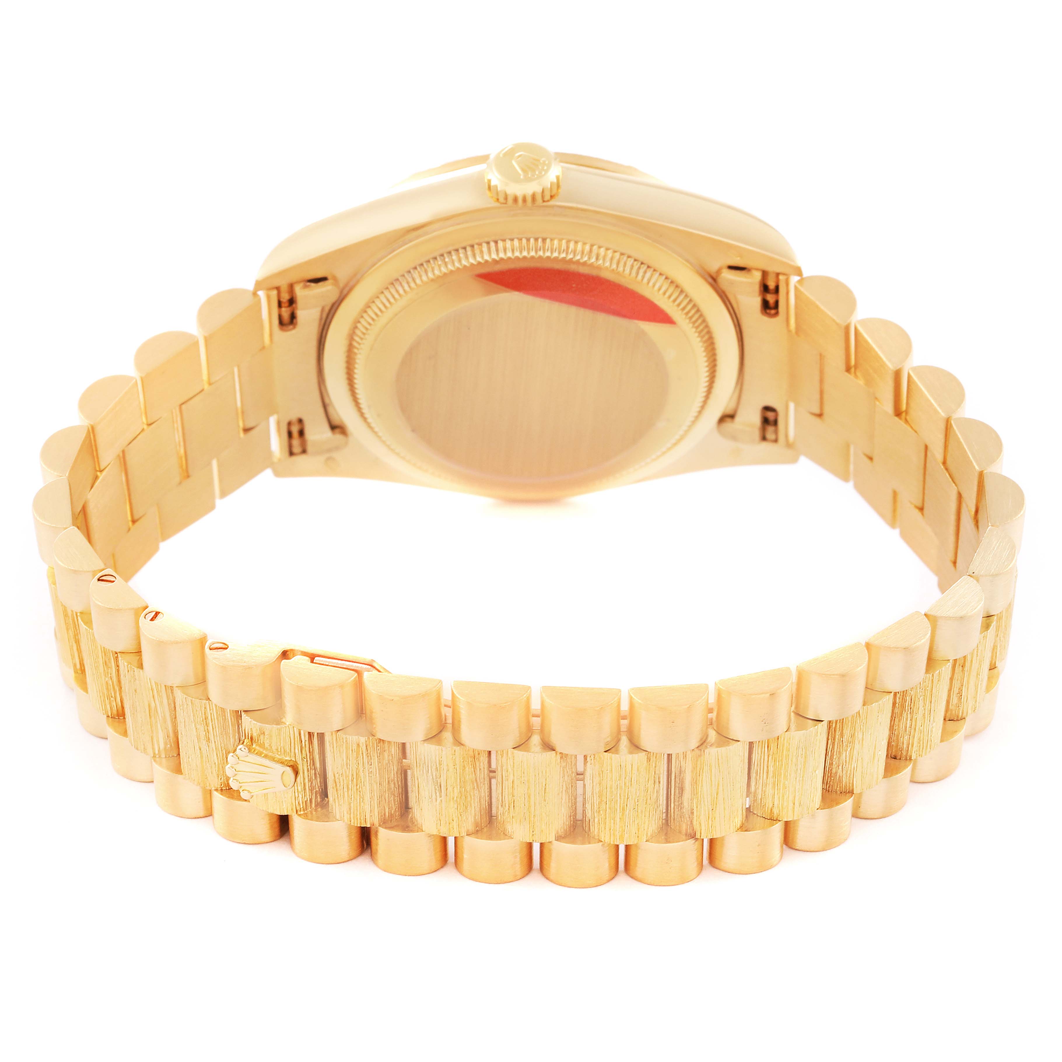 This image shows the back and bracelet of the Rolex President 18248 Men
s Yellow Gold Champagne Dial 18248 Men
s Yellow Gold Champagne Dial model watch, highlighting the gold material and clasp.