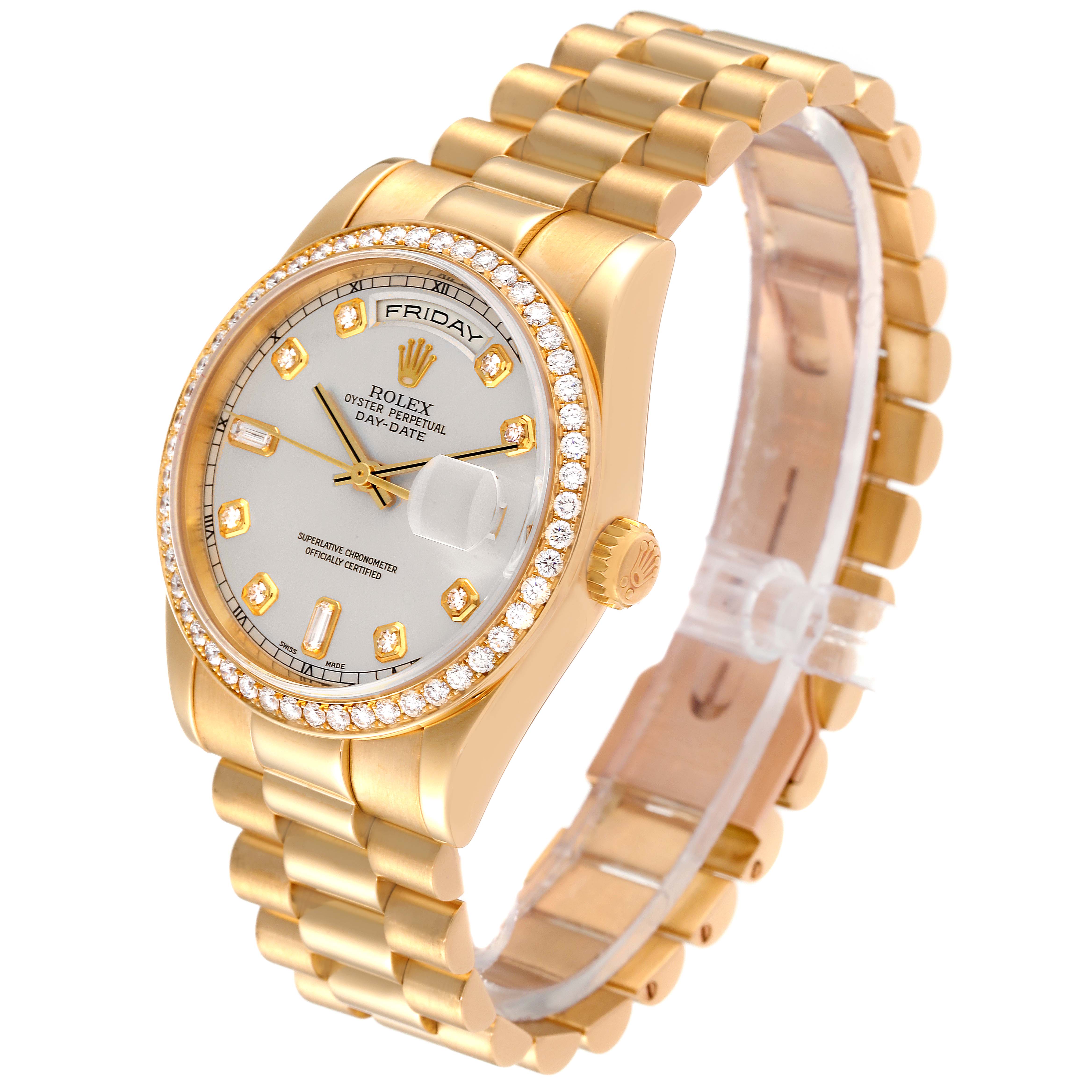 The image shows a Rolex President 118348 Men
s Yellow Gold Silver Dial 118348 Men
s Yellow Gold Silver Dial model watch at an angled view, displaying its bracelet, crown, bezel, and dial.