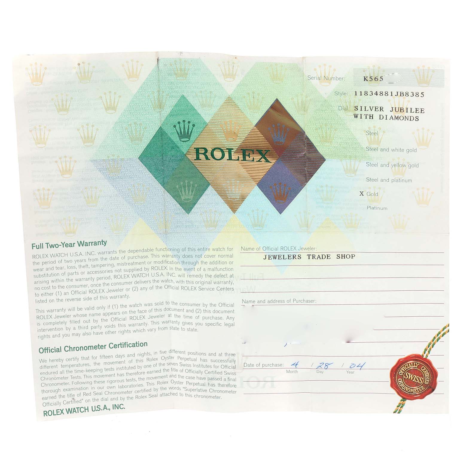 The image shows a warranty and certification document for a Rolex President 118348 Men
s Yellow Gold Silver Dial 118348 Men
s Yellow Gold Silver Dial model watch, displayed flat.