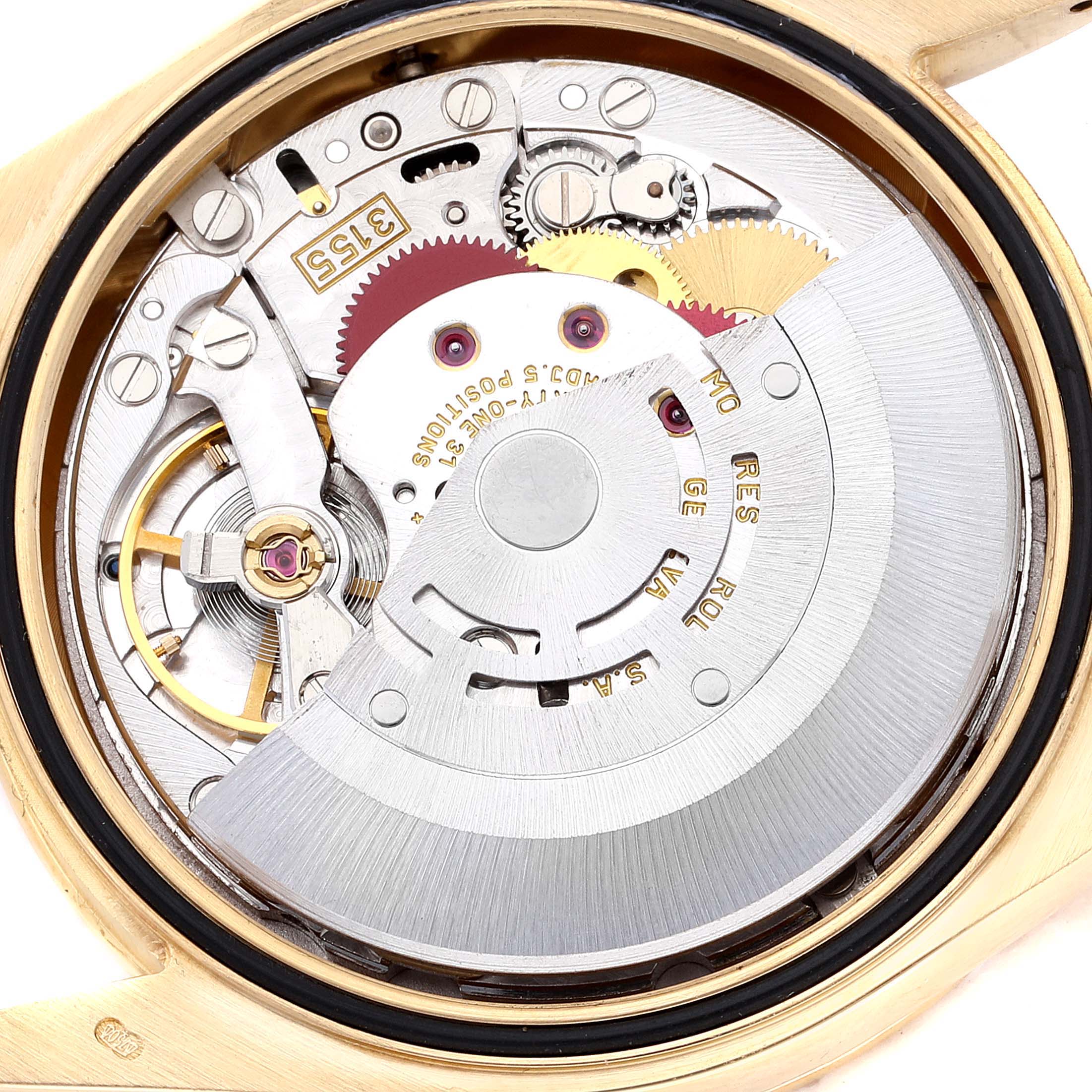 The image shows the movement and inner mechanical parts of a Rolex President 118348 Men
s Yellow Gold Silver Dial 118348 Men
s Yellow Gold Silver Dial model watch from a back angle.