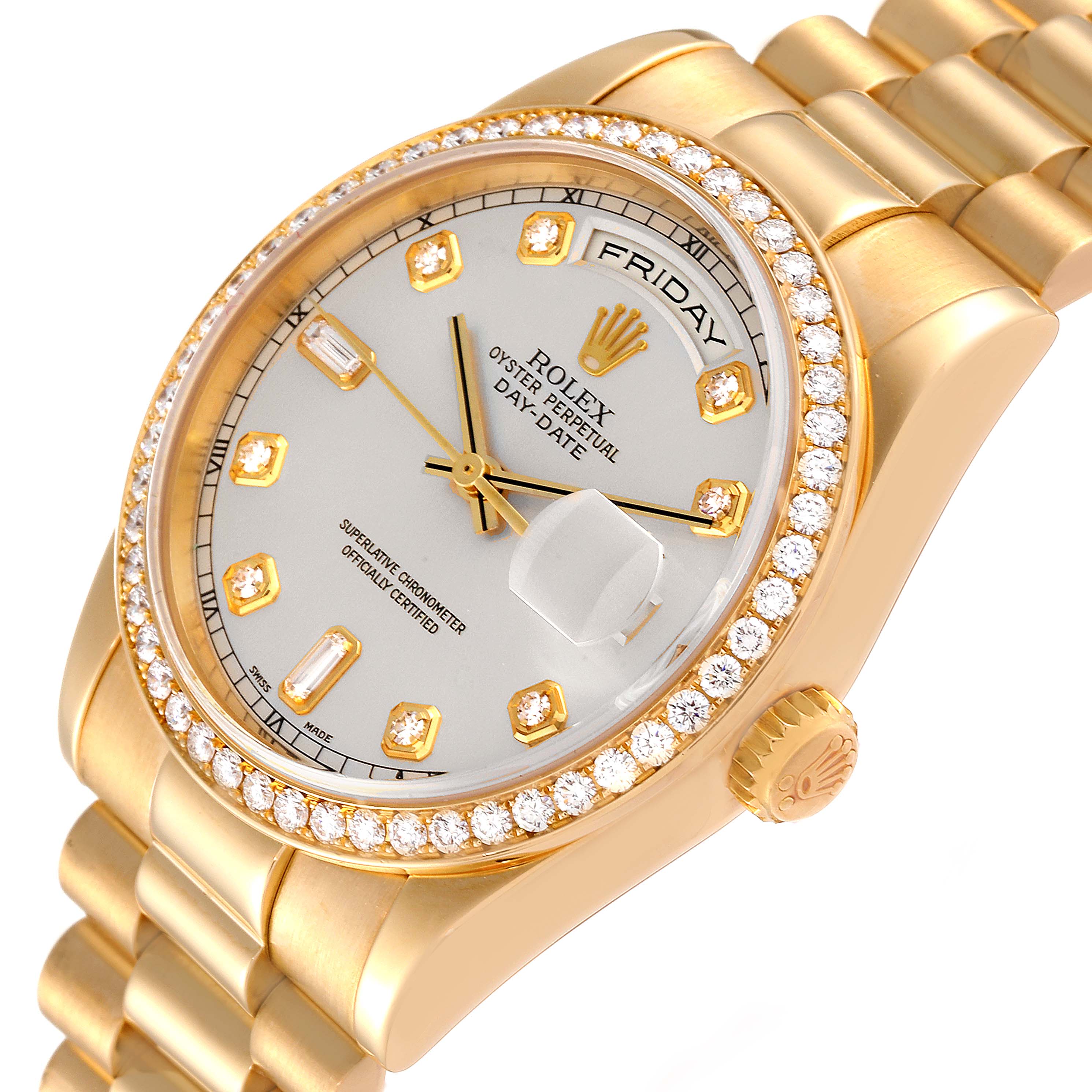 The image shows a Rolex President 118348 Men
s Yellow Gold Silver Dial 118348 Men
s Yellow Gold Silver Dial model watch viewed from an angle, displaying the face, bezel, and a section of the bracelet.