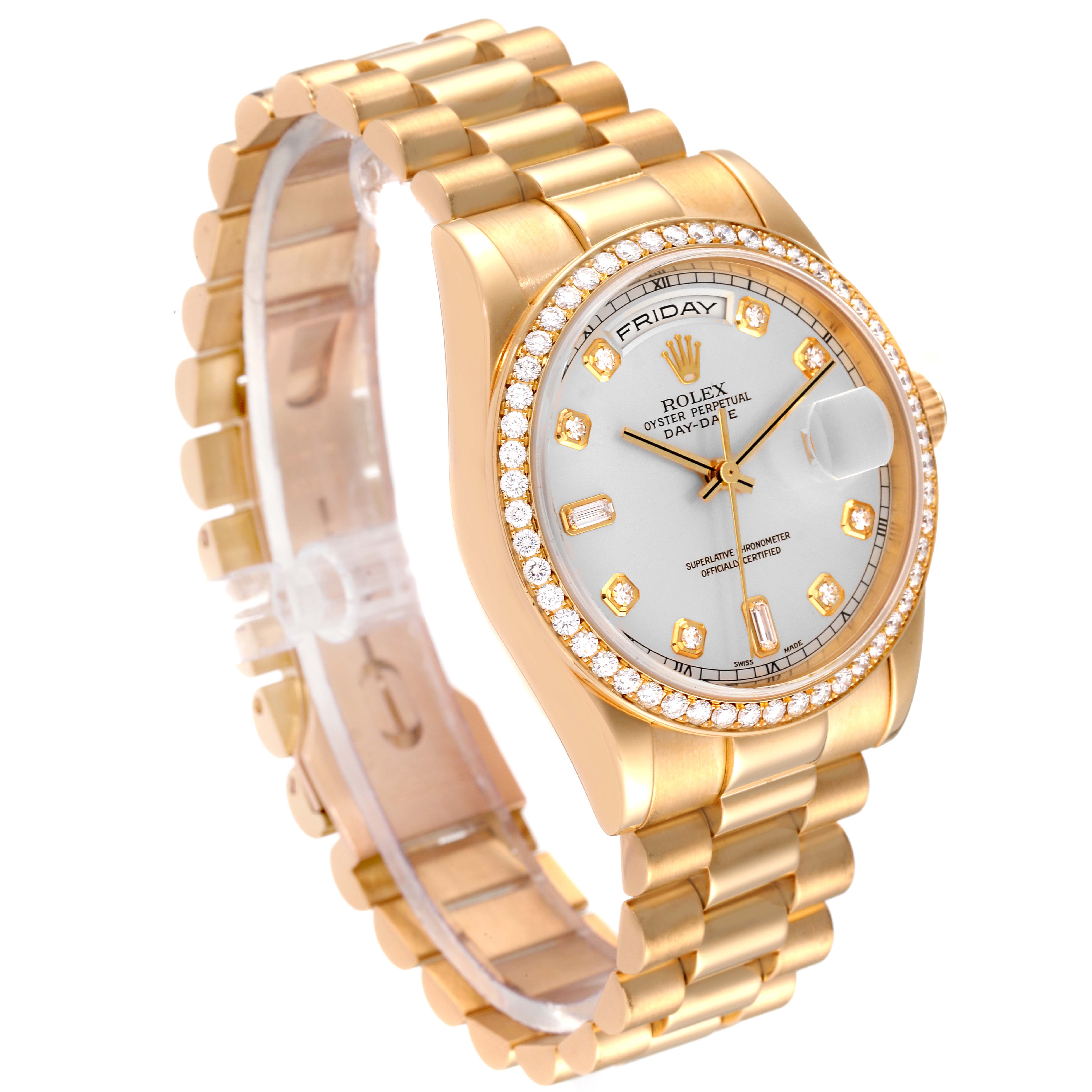 The Rolex President 118348 Men
s Yellow Gold Silver Dial 118348 Men
s Yellow Gold Silver Dial model watch is shown at a slight left angle, displaying the face, bezel, and bracelet.