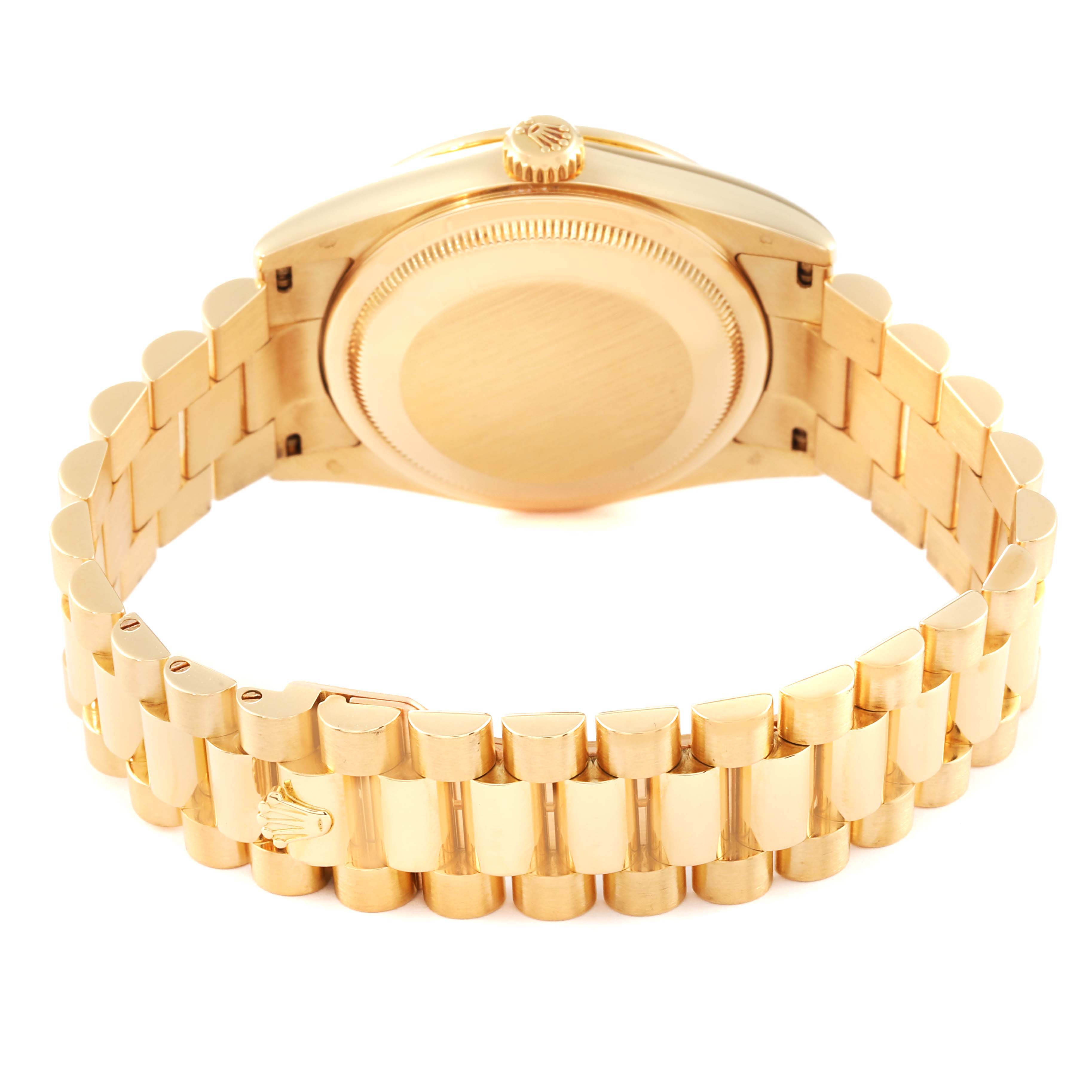 The image shows the rear view and bracelet of a Rolex President 118348 Men
s Yellow Gold Silver Dial 118348 Men
s Yellow Gold Silver Dial model watch, highlighting its case back and gold link band.