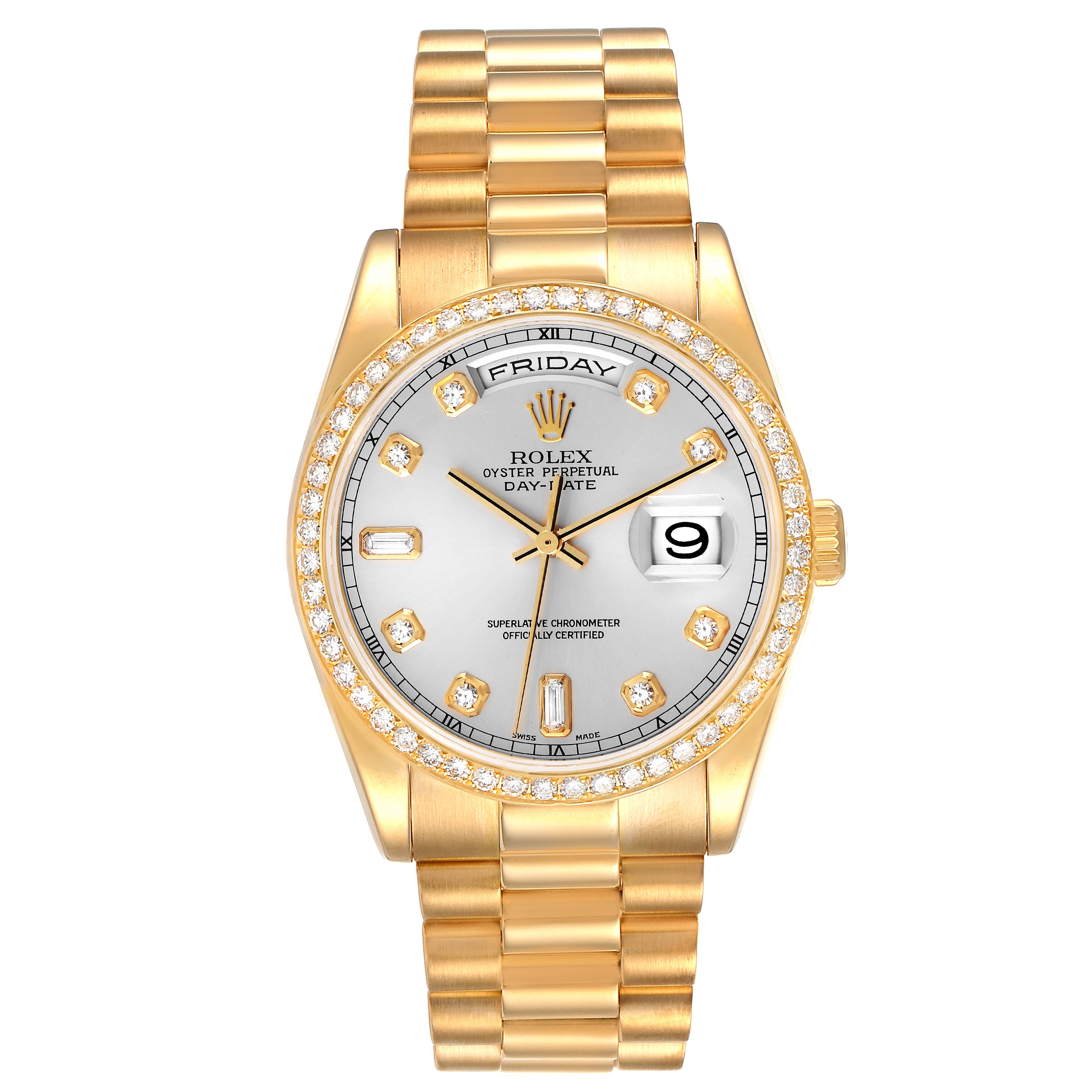 The image shows a front view of a Rolex President 118348 Men
s Yellow Gold Silver Dial 118348 Men
s Yellow Gold Silver Dial model watch, featuring a gold band, diamond bezel, and date display.