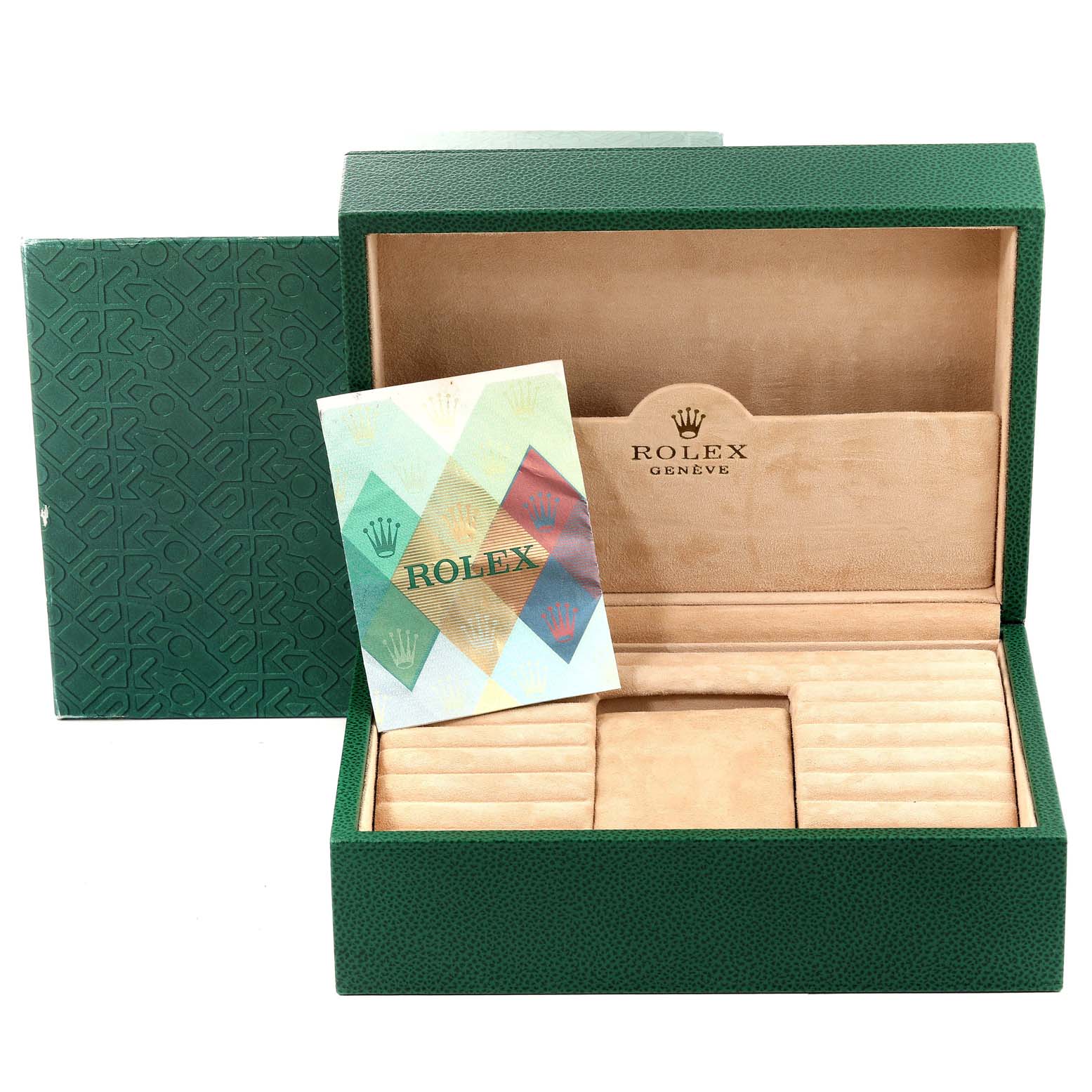 This image shows an open Rolex President 118348 Men
s Yellow Gold Silver Dial 118348 Men
s Yellow Gold Silver Dial watch box with an instruction manual inside.