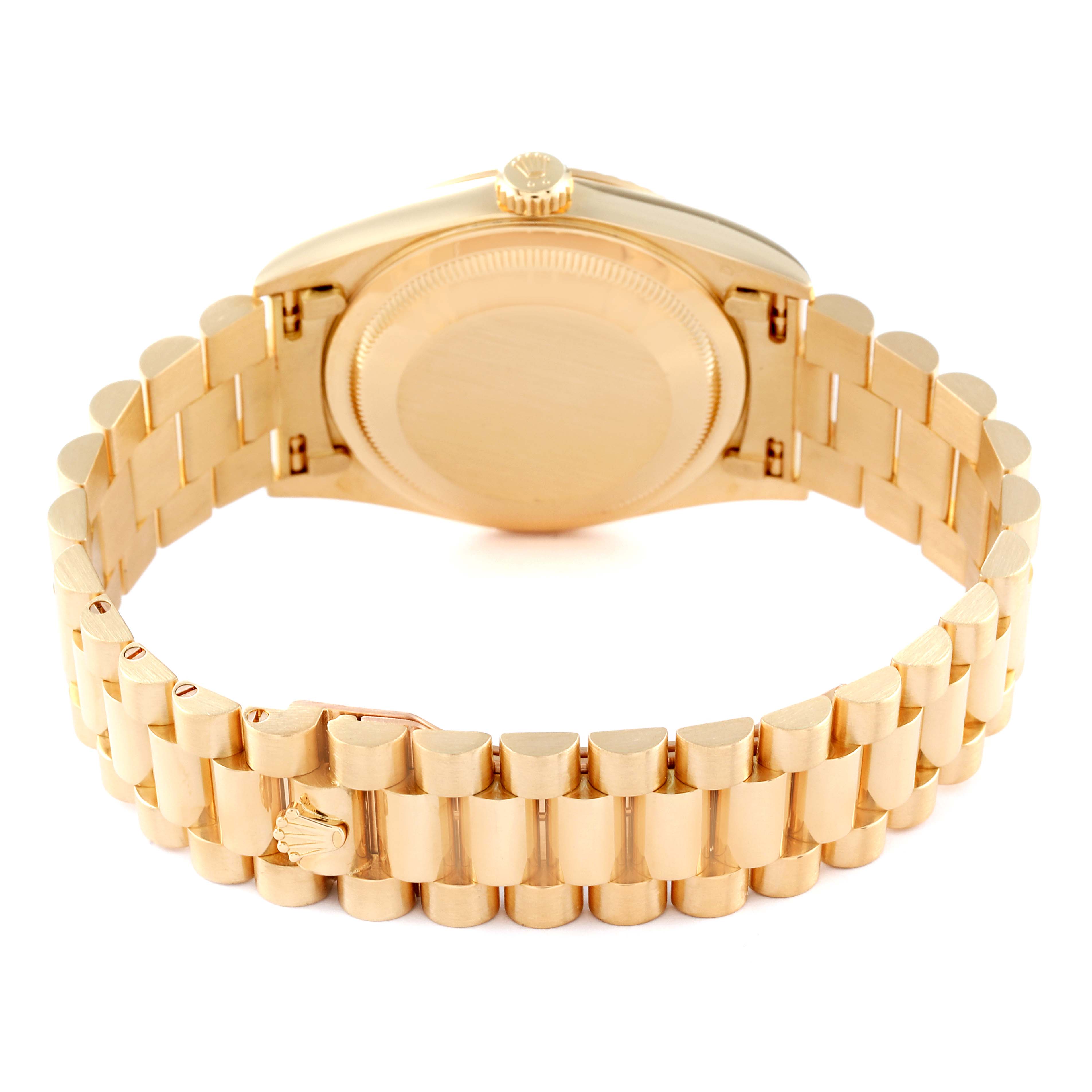 This image shows the back and bracelet of the Rolex President 18238 Men
s Yellow Gold Champagne Dial 18238 Men
s Yellow Gold Champagne Dial watch model, highlighting the gold finish and clasp.