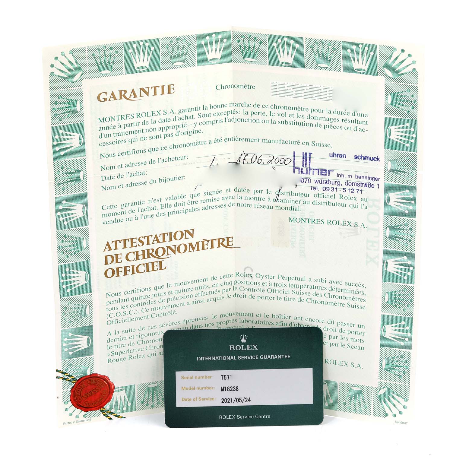 The image shows the warranty and service guarantee card for the Rolex President 18238 Men
s Yellow Gold Champagne Dial 18238 Men
s Yellow Gold Champagne Dial model.