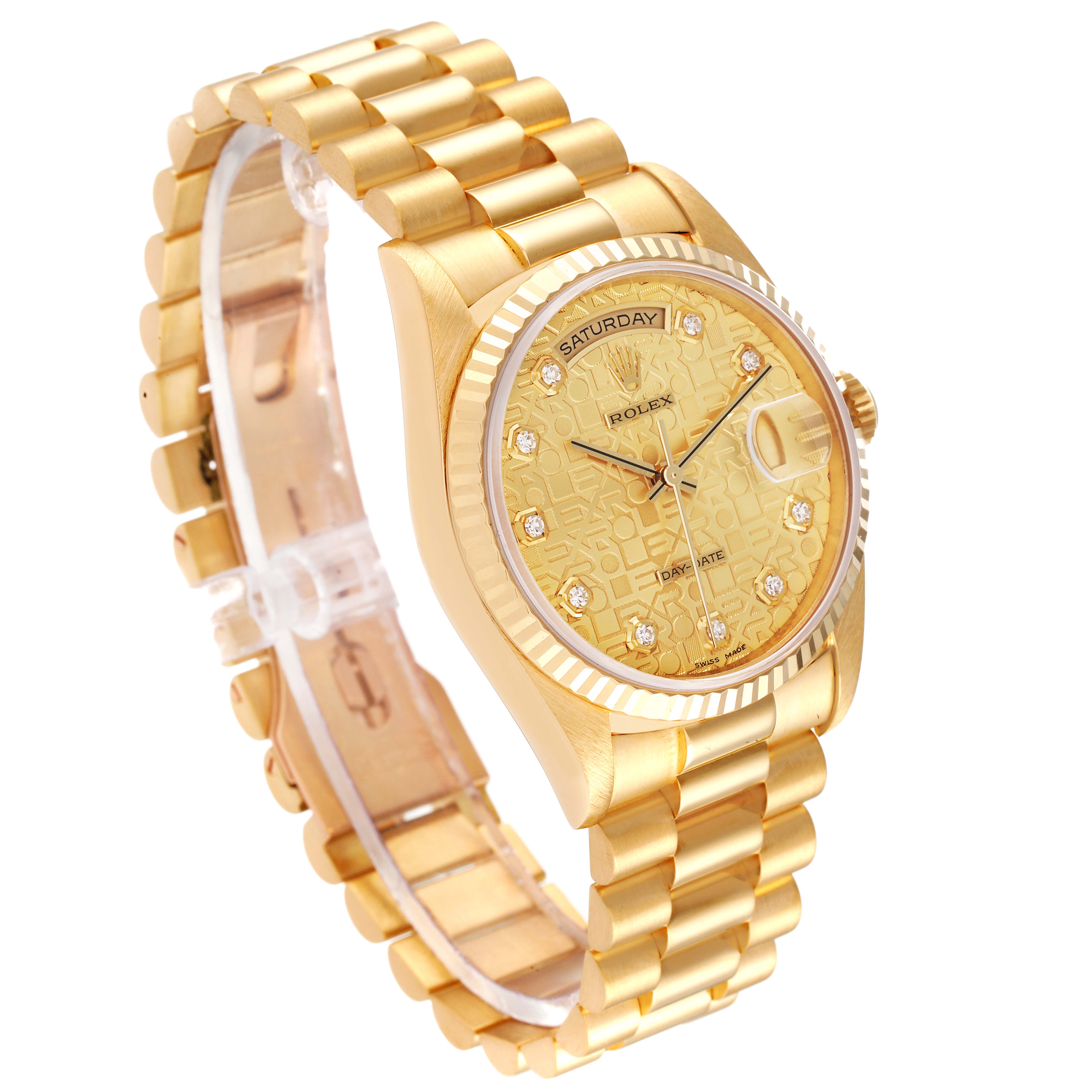 The President model Rolex watch is shown at an oblique angle, displaying the dial, bracelet, and side profile.