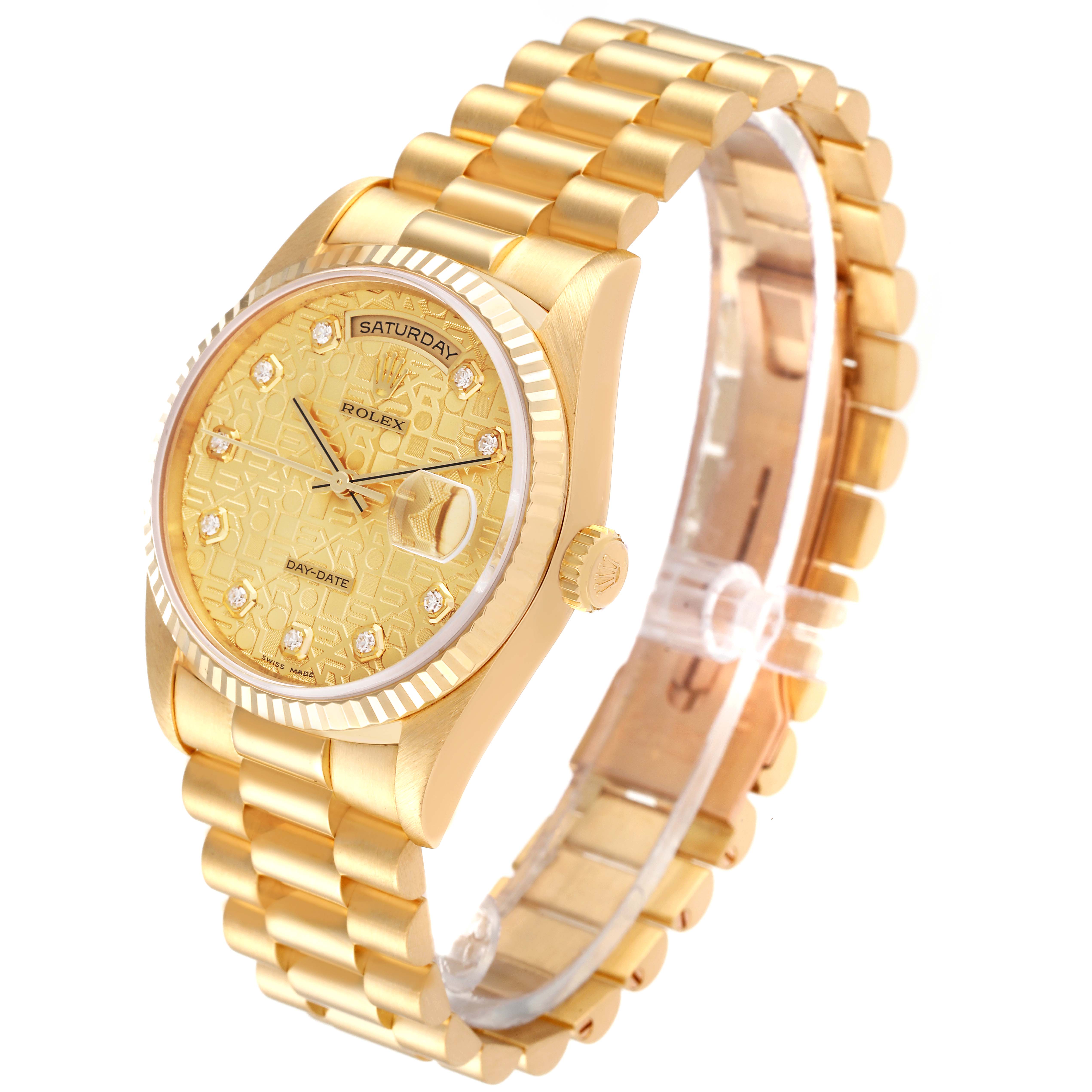 The image shows a angled view of the Rolex President 18238 Men
s Yellow Gold Champagne Dial 18238 Men
s Yellow Gold Champagne Dial model, featuring its gold case, crown, dial, and bracelet.