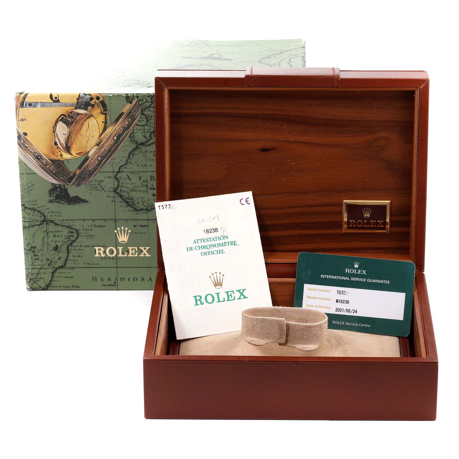 This image shows a Rolex President 18238 Men
s Yellow Gold Champagne Dial 18238 Men
s Yellow Gold Champagne Dial model watch box, card, manual, and bracelet holder.