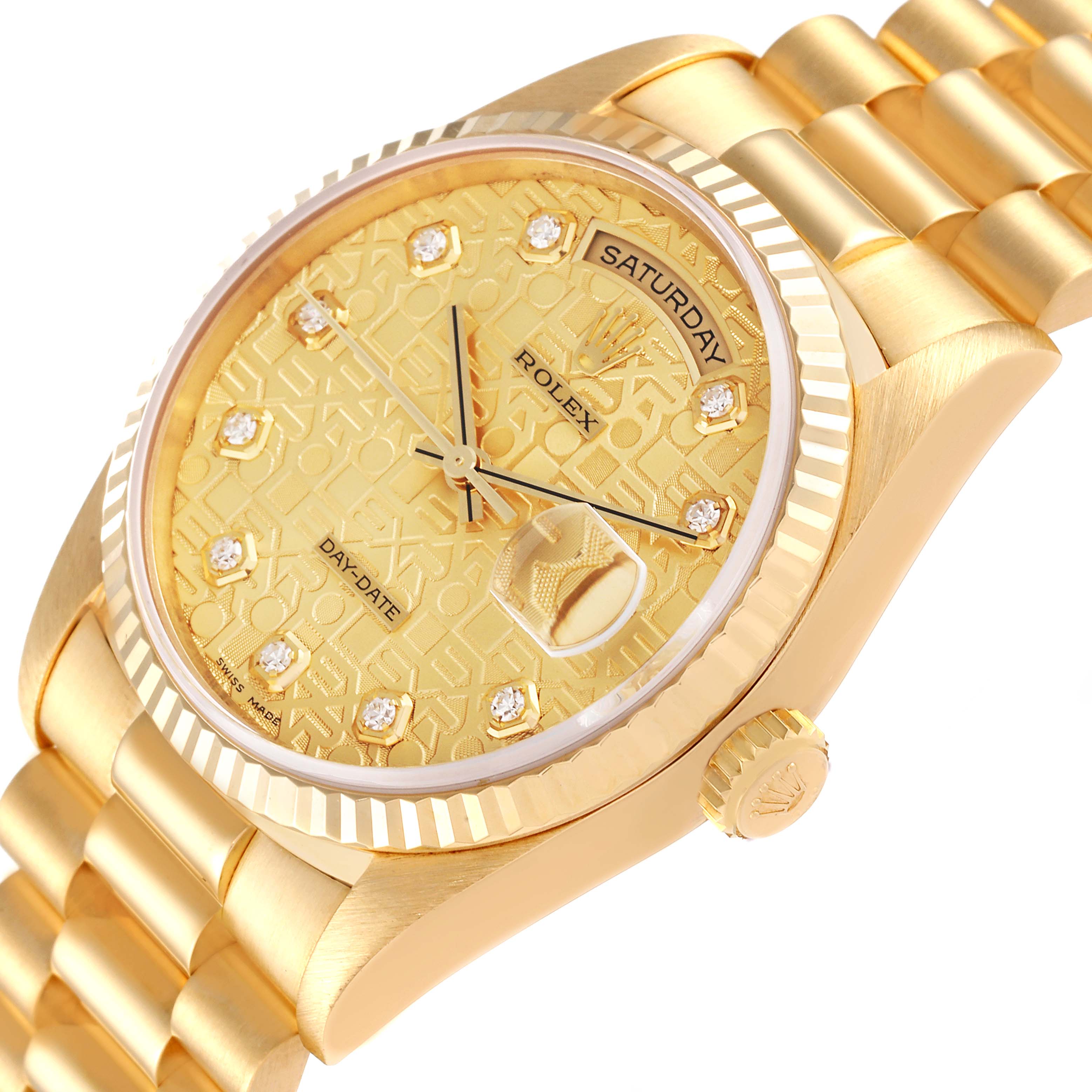 The Rolex President 18238 Men
s Yellow Gold Champagne Dial 18238 Men
s Yellow Gold Champagne Dial model watch is shown at a slight angle, highlighting its gold dial, fluted bezel, and part of the bracelet.