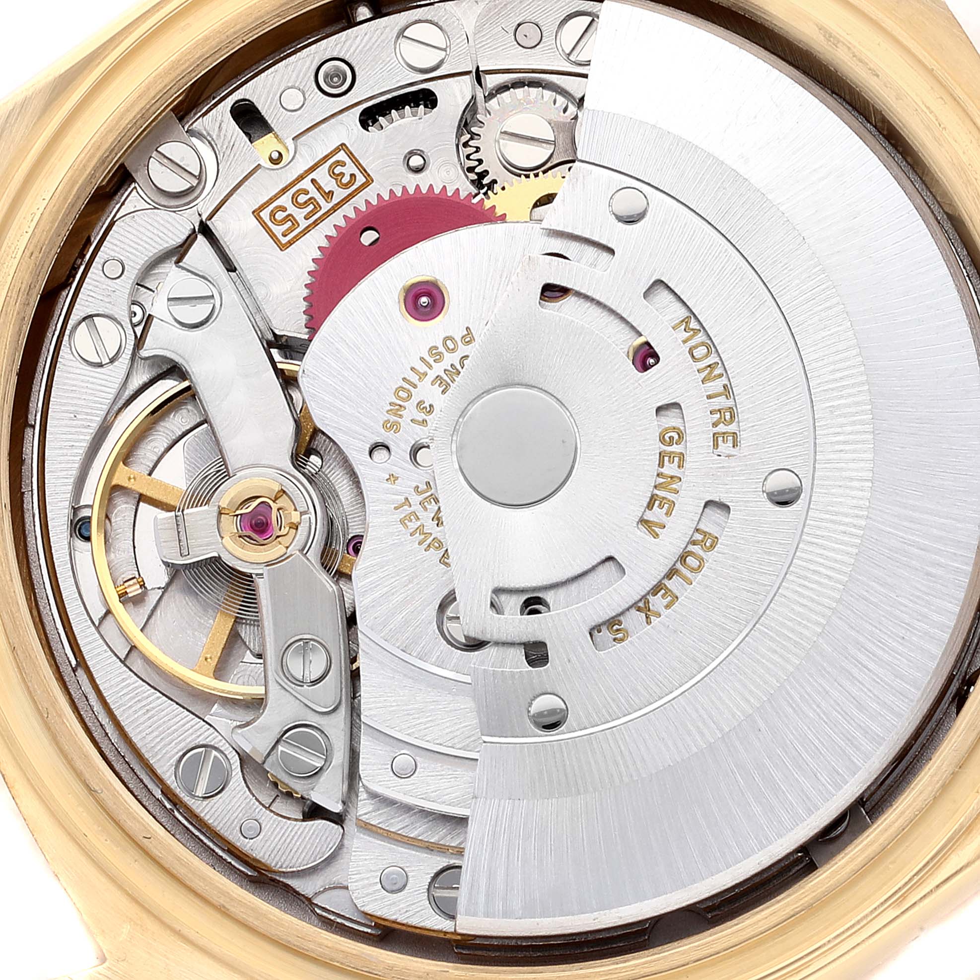 The image shows the movement and internal mechanisms of the Rolex President 18238 Men
s Yellow Gold Champagne Dial 18238 Men
s Yellow Gold Champagne Dial model watch.