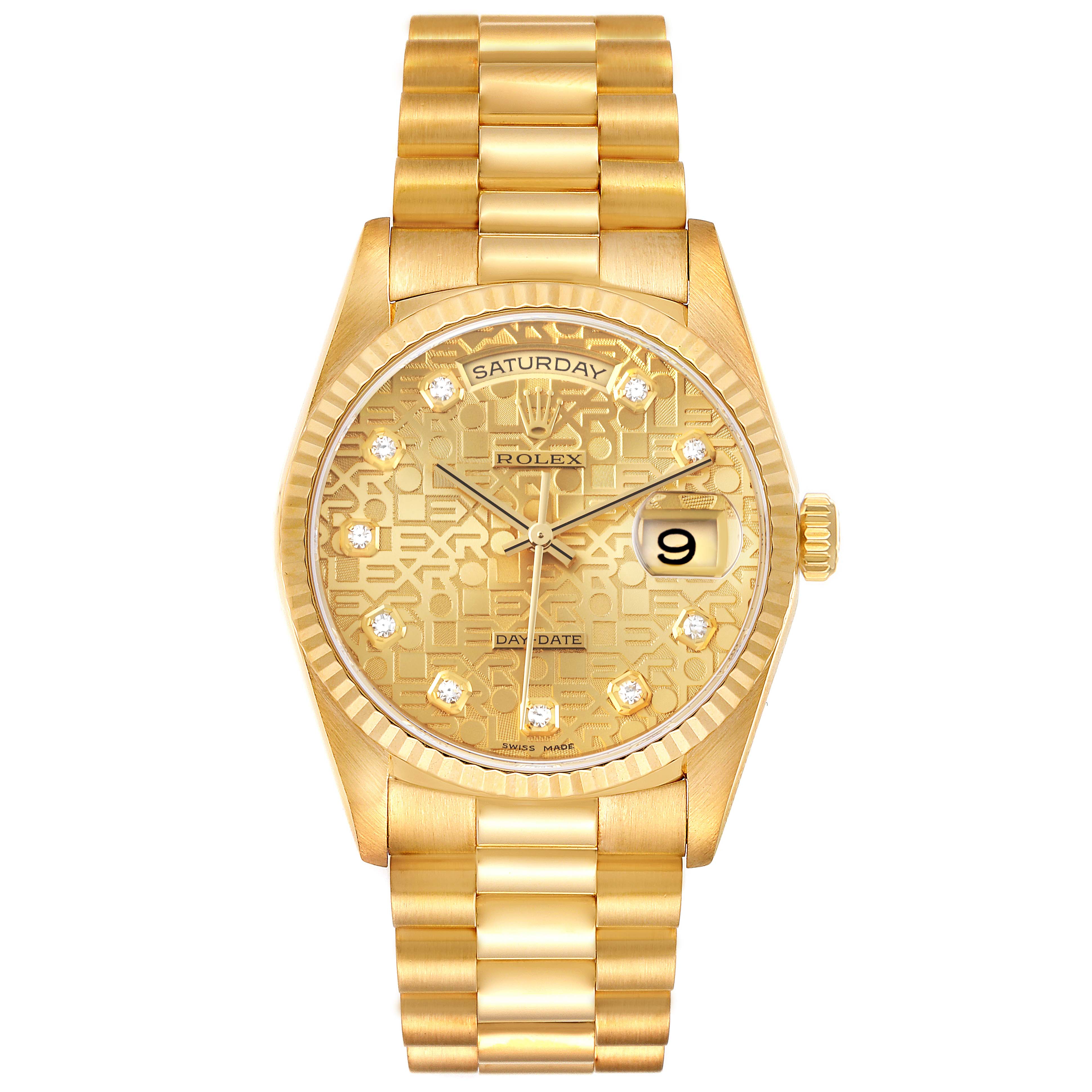 The image shows a front view of a gold Rolex President 18238 Men
s Yellow Gold Champagne Dial 18238 Men
s Yellow Gold Champagne Dial model watch with a day-date display and diamond hour markers.