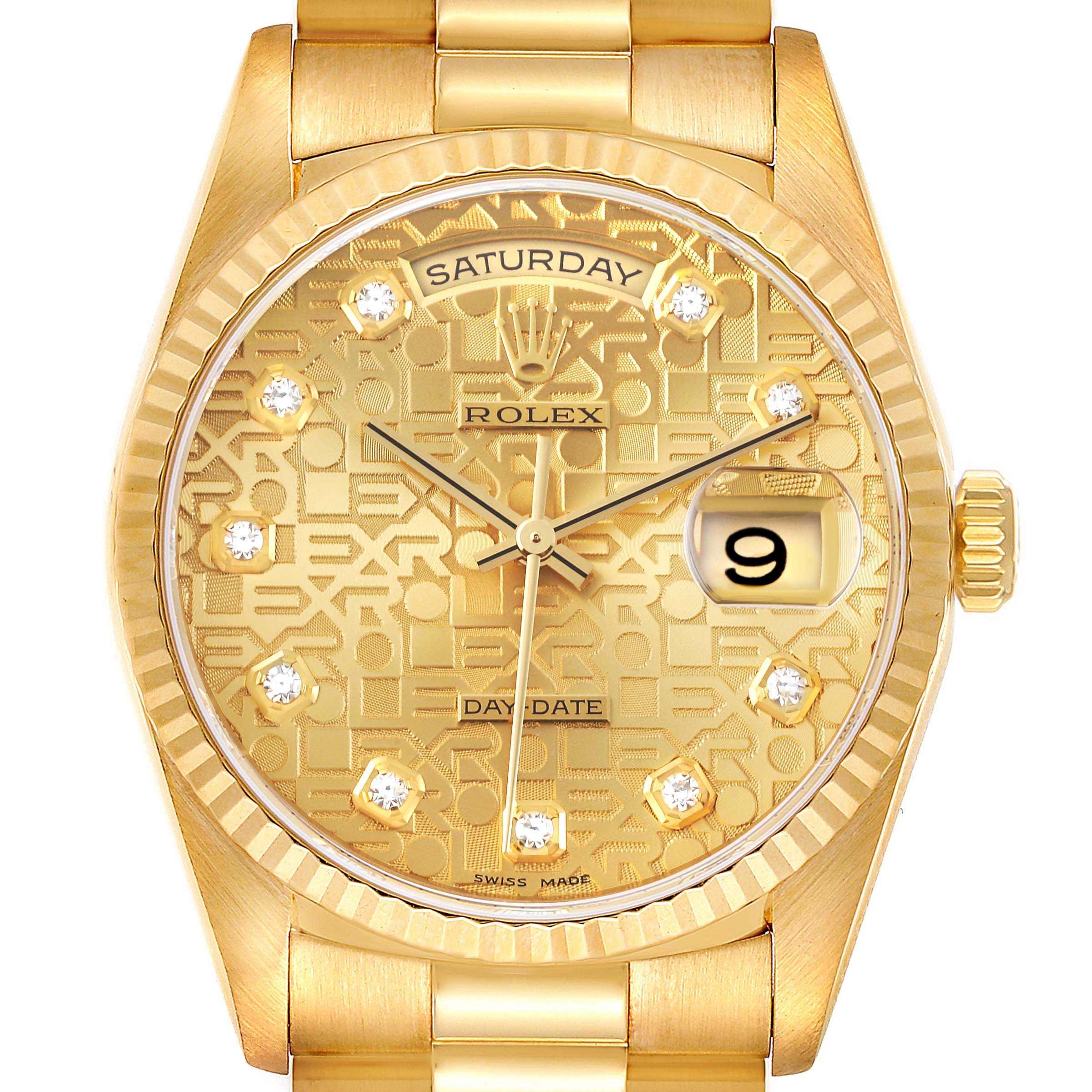 This image shows a front view of a Rolex President 18238 Men
s Yellow Gold Champagne Dial 18238 Men
s Yellow Gold Champagne Dial model watch, showcasing the gold case, dial, hands, and bracelet.