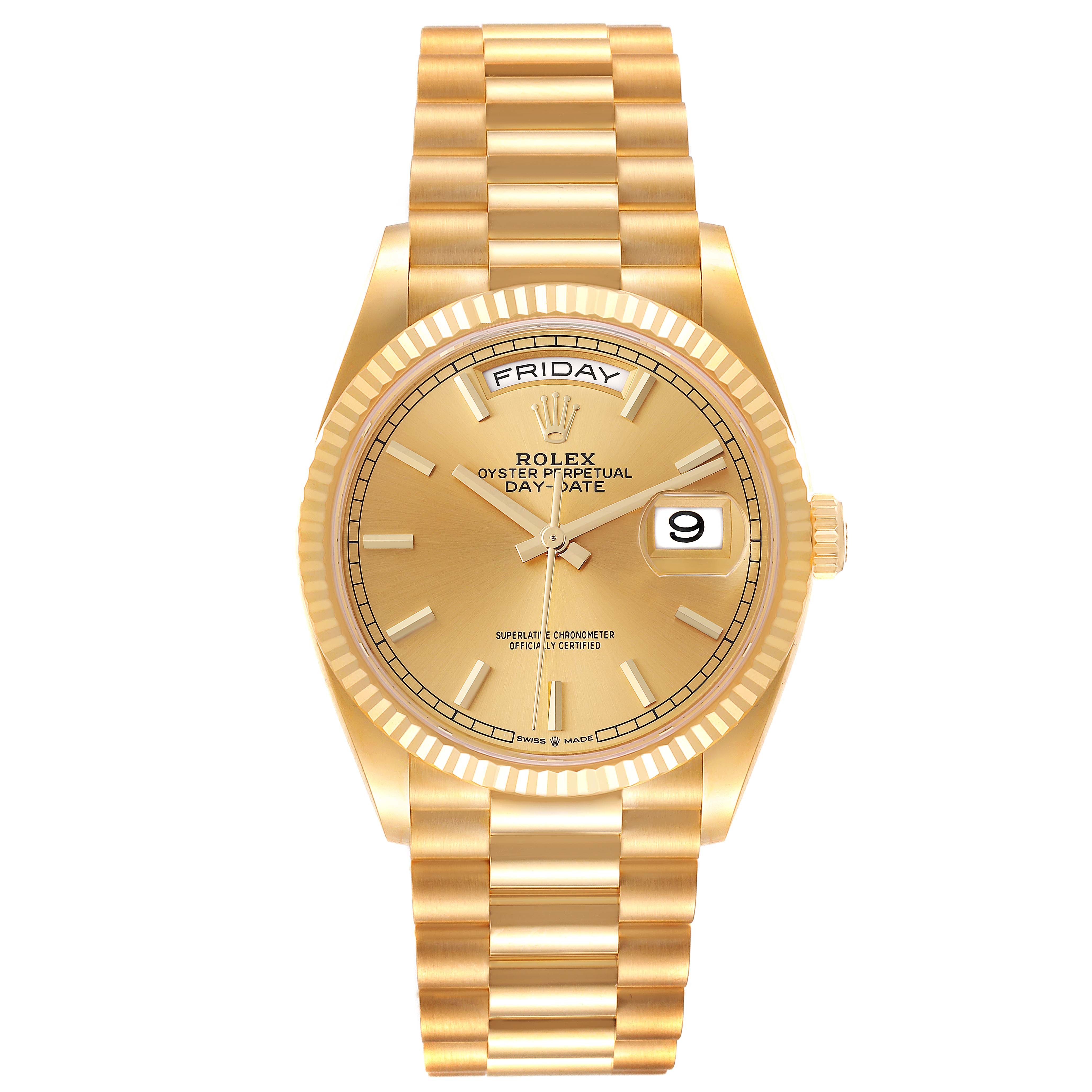 The image shows a frontal view of the Rolex President 128238 Men's Yellow Gold Champagne Dial 128238 Men's Yellow Gold Champagne Dial model watch, highlighting the dial, bezel, bracelet, and day-date display.