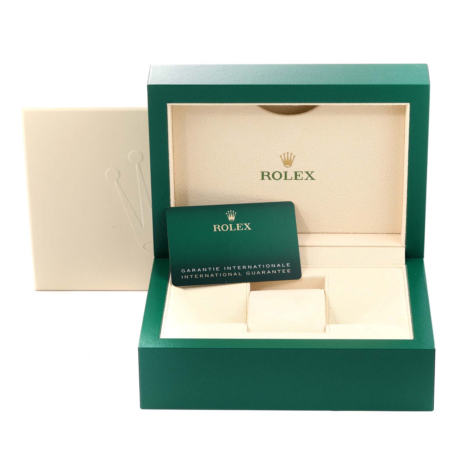 The image shows the open box and international guarantee card of a Rolex President 128238 Men's Yellow Gold Champagne Dial 128238 Men's Yellow Gold Champagne Dial model watch.