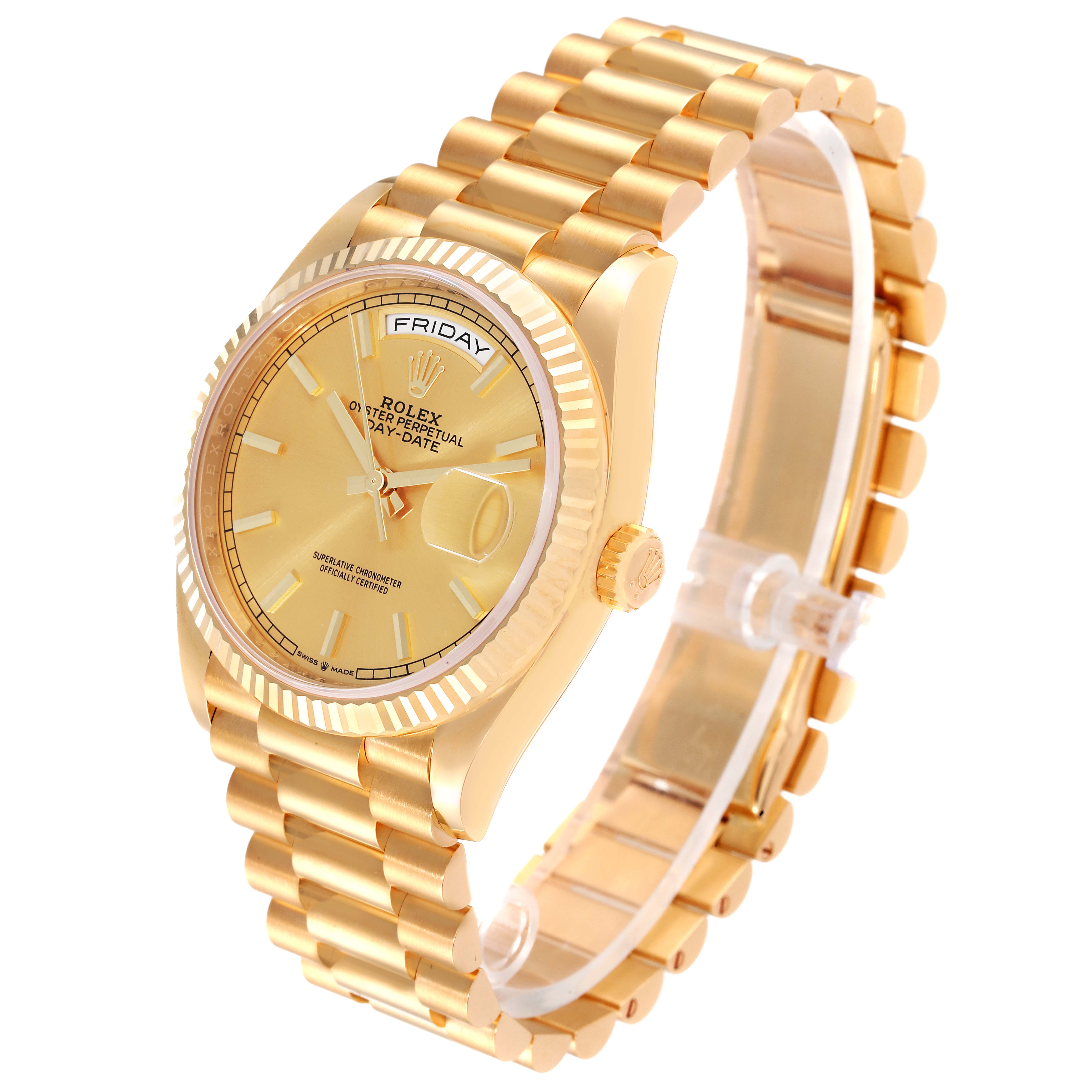 The image shows a Rolex President 128238 Men's Yellow Gold Champagne Dial 128238 Men's Yellow Gold Champagne Dial model watch at an oblique angle, displaying the face, bezel, bracelet, and crown.