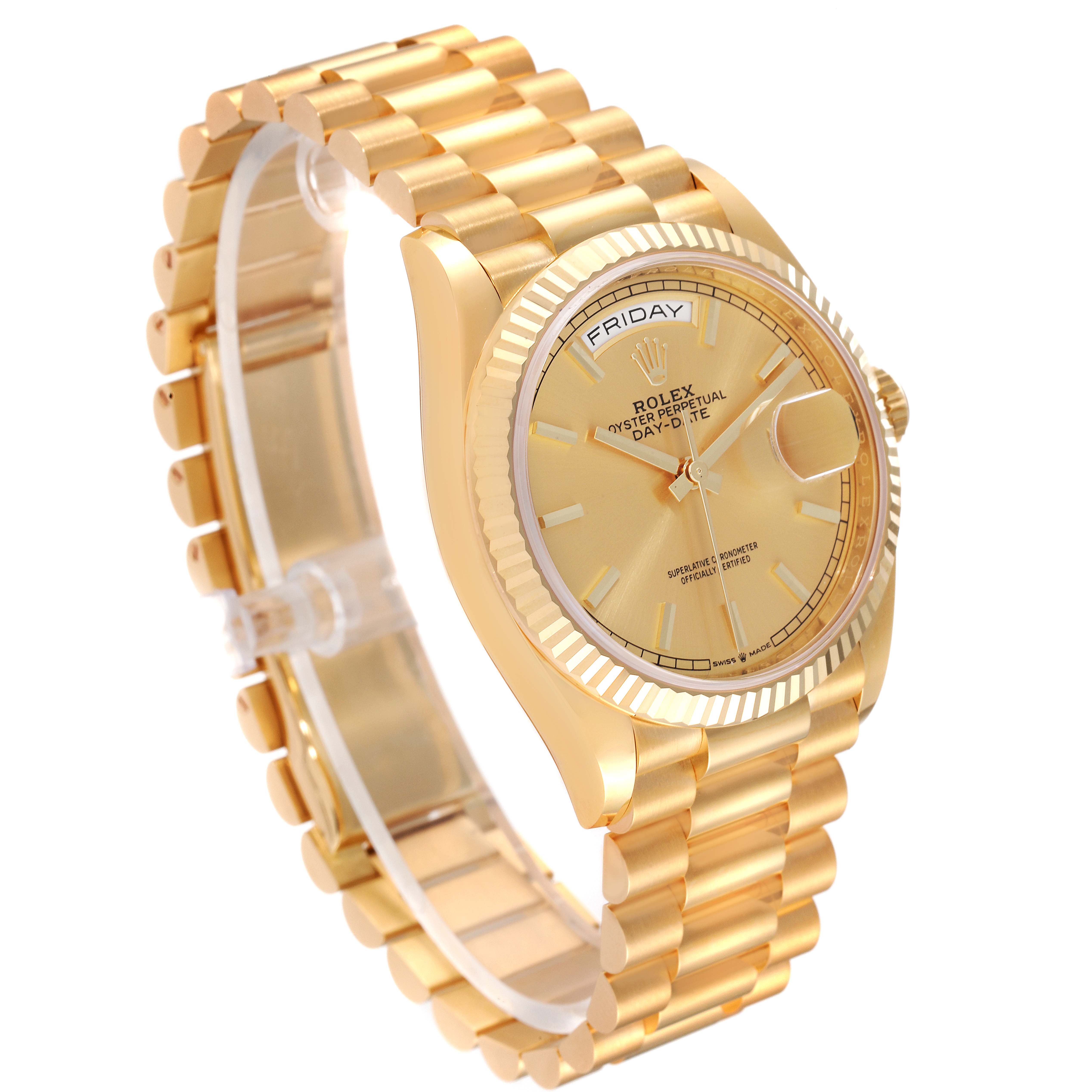 The image shows a side-angle view of a gold Rolex President 128238 Men's Yellow Gold Champagne Dial 128238 Men's Yellow Gold Champagne Dial model watch, highlighting its bracelet, dial, and day-date window.