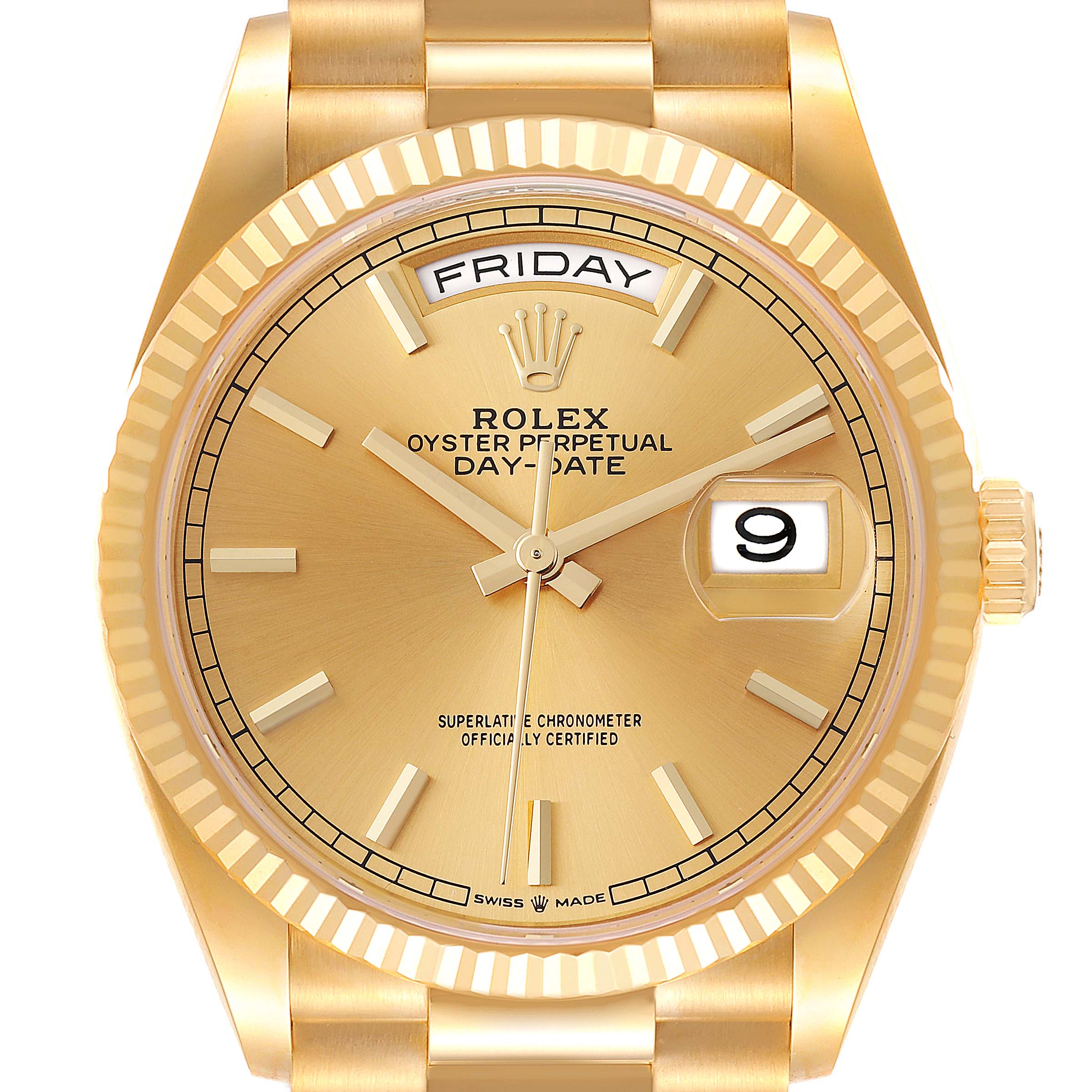 The image shows a front view of the Rolex President 128238 Men's Yellow Gold Champagne Dial 128238 Men's Yellow Gold Champagne Dial model watch, highlighting the dial, day-date display, and bezel.