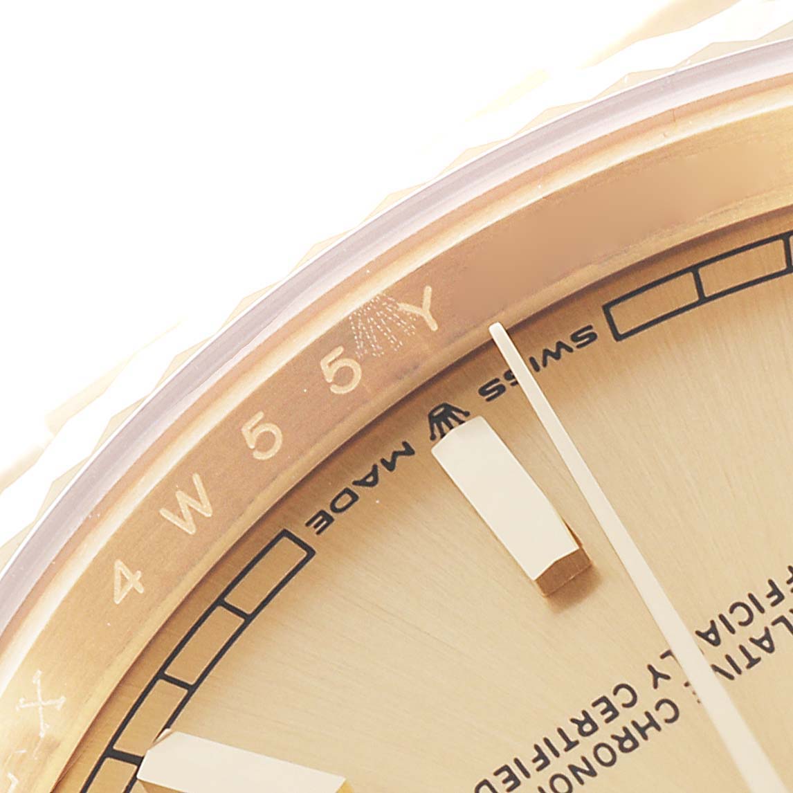 The image shows a close-up angle of the dial and bezel of a Rolex President 128238 Men's Yellow Gold Champagne Dial 128238 Men's Yellow Gold Champagne Dial model watch, highlighting the "Swiss Made" text.
