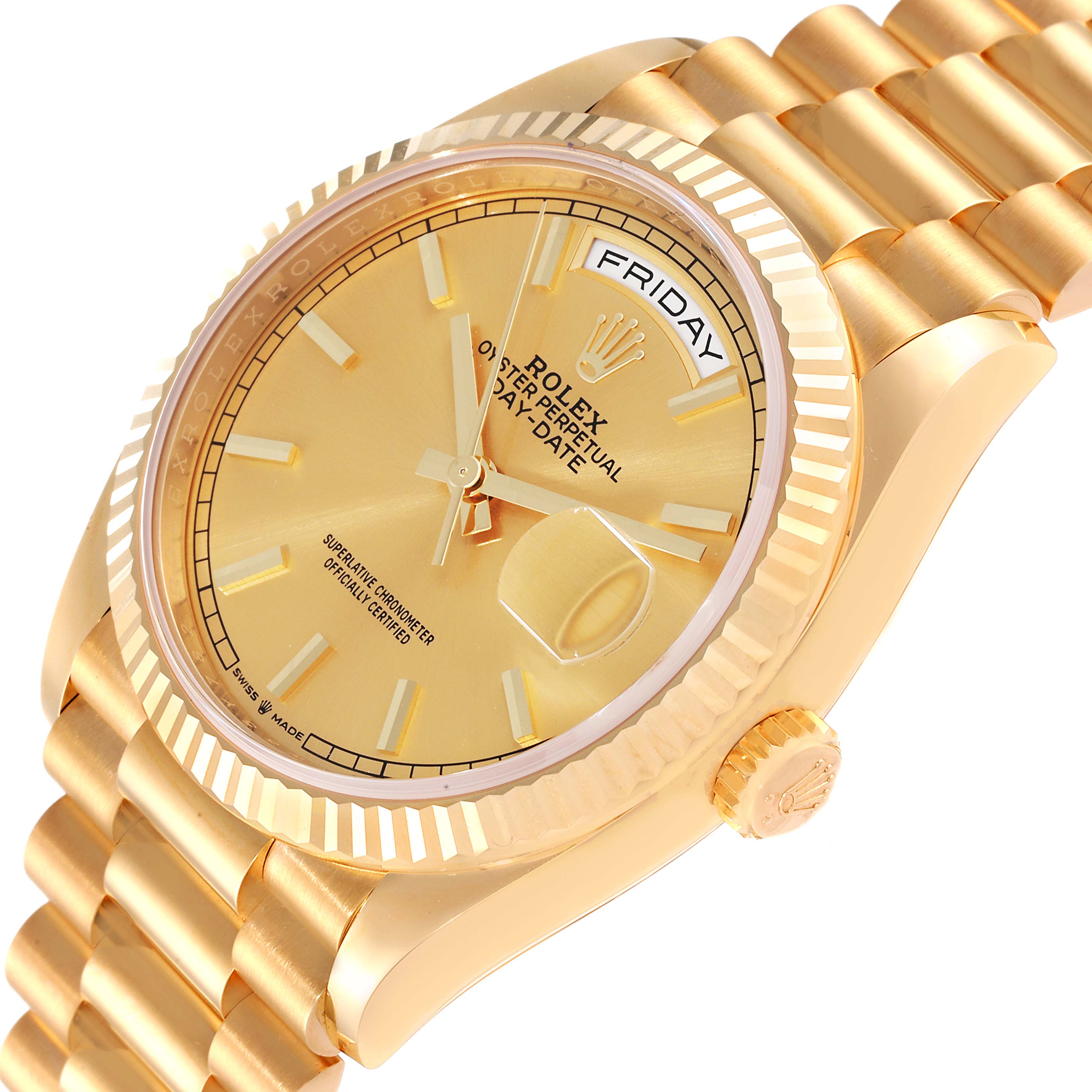 This image shows a close-up view of a gold Rolex President 128238 Men's Yellow Gold Champagne Dial 128238 Men's Yellow Gold Champagne Dial model watch, highlighting its face, crown, and part of the bracelet.