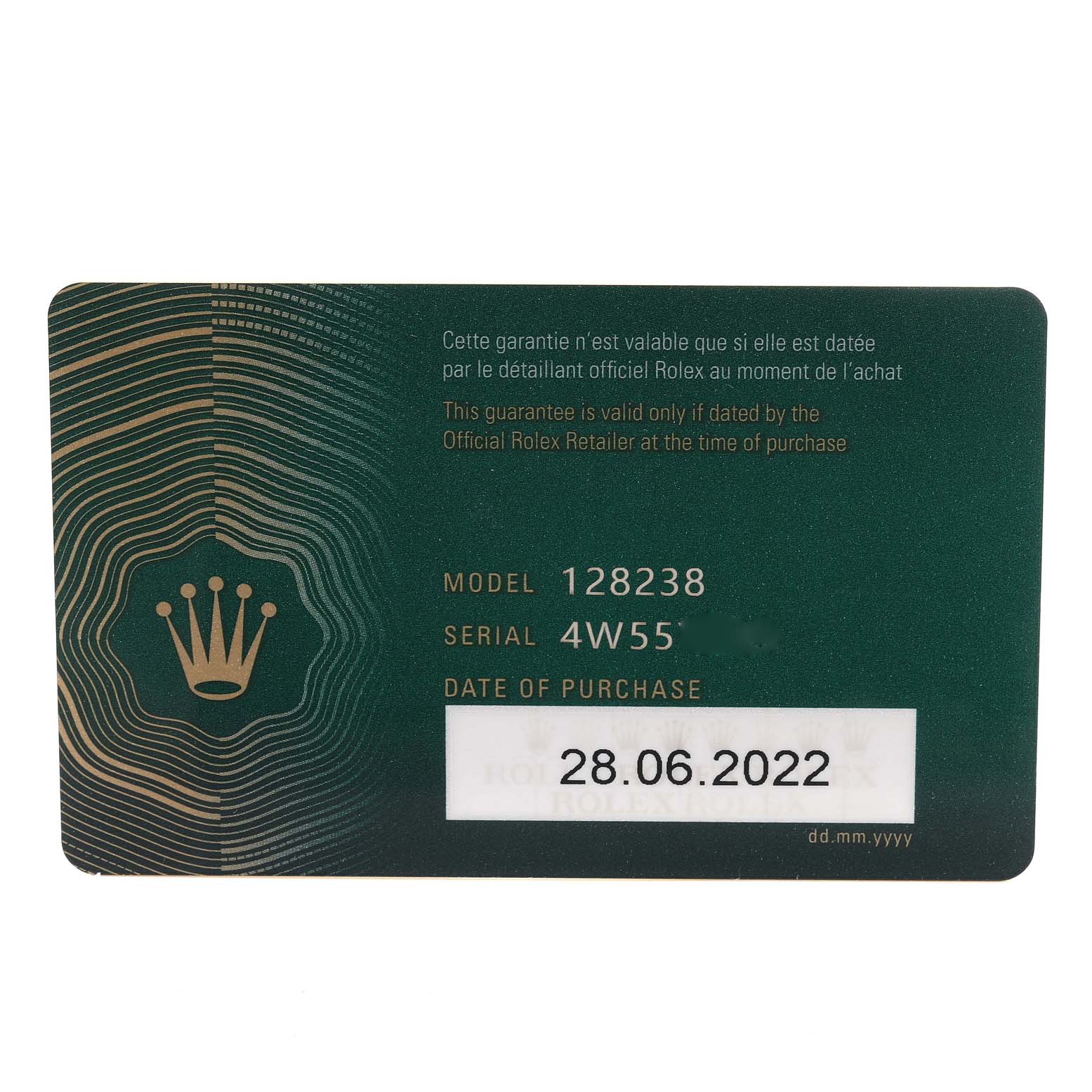 This image shows a warranty card for the Rolex President 128238 Men's Yellow Gold Champagne Dial 128238 Men's Yellow Gold Champagne Dial model 128238 with a purchase date of 28.06.2022.