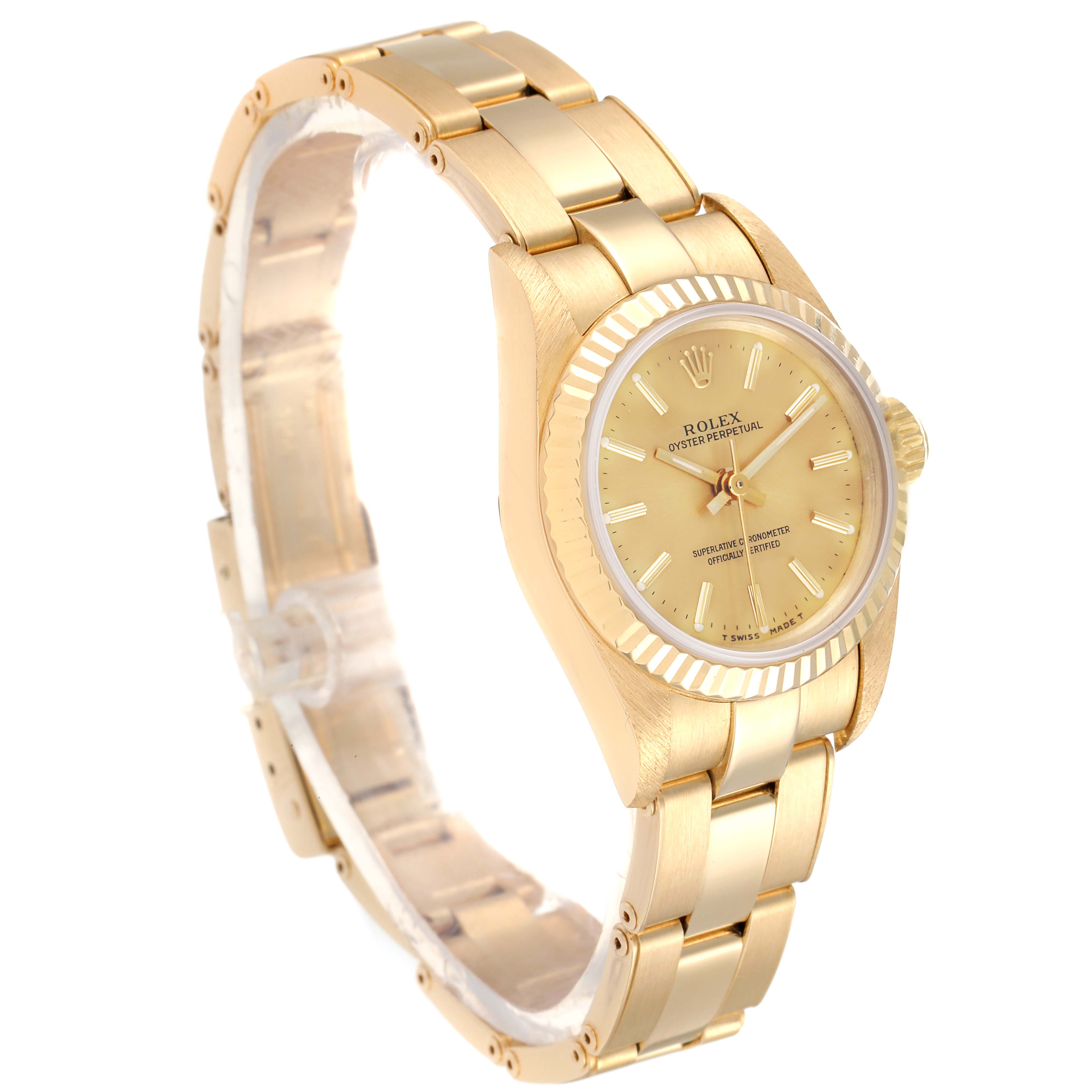 The image shows a side-angle view of a gold Rolex President 67198 Women
s Yellow Gold Champagne Dial 67198 Women
s Yellow Gold Champagne Dial model watch, highlighting the bracelet, bezel, and face.