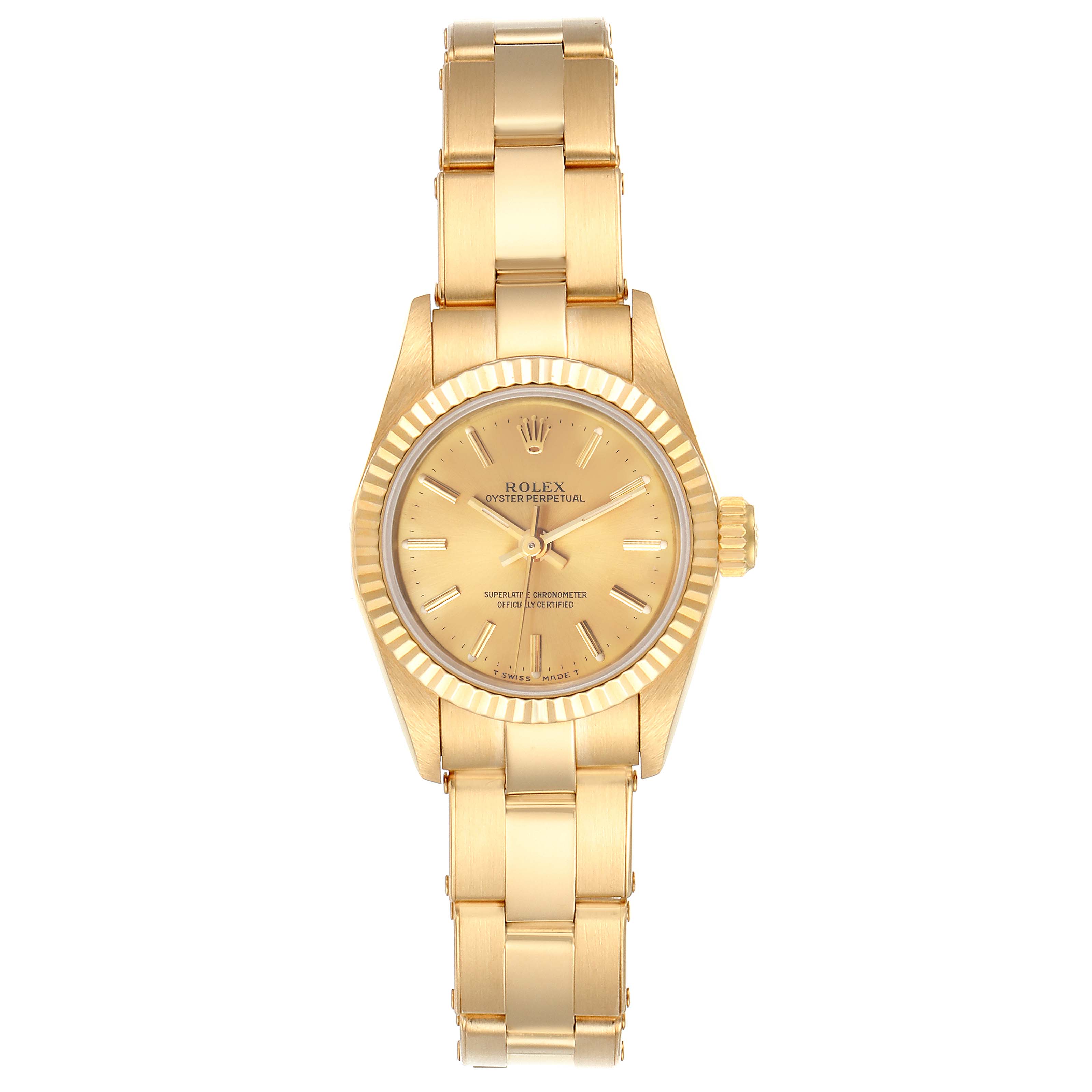This image shows a front view of the Rolex President 67198 Women
s Yellow Gold Champagne Dial 67198 Women
s Yellow Gold Champagne Dial model watch, highlighting its gold case, dial, and bracelet.