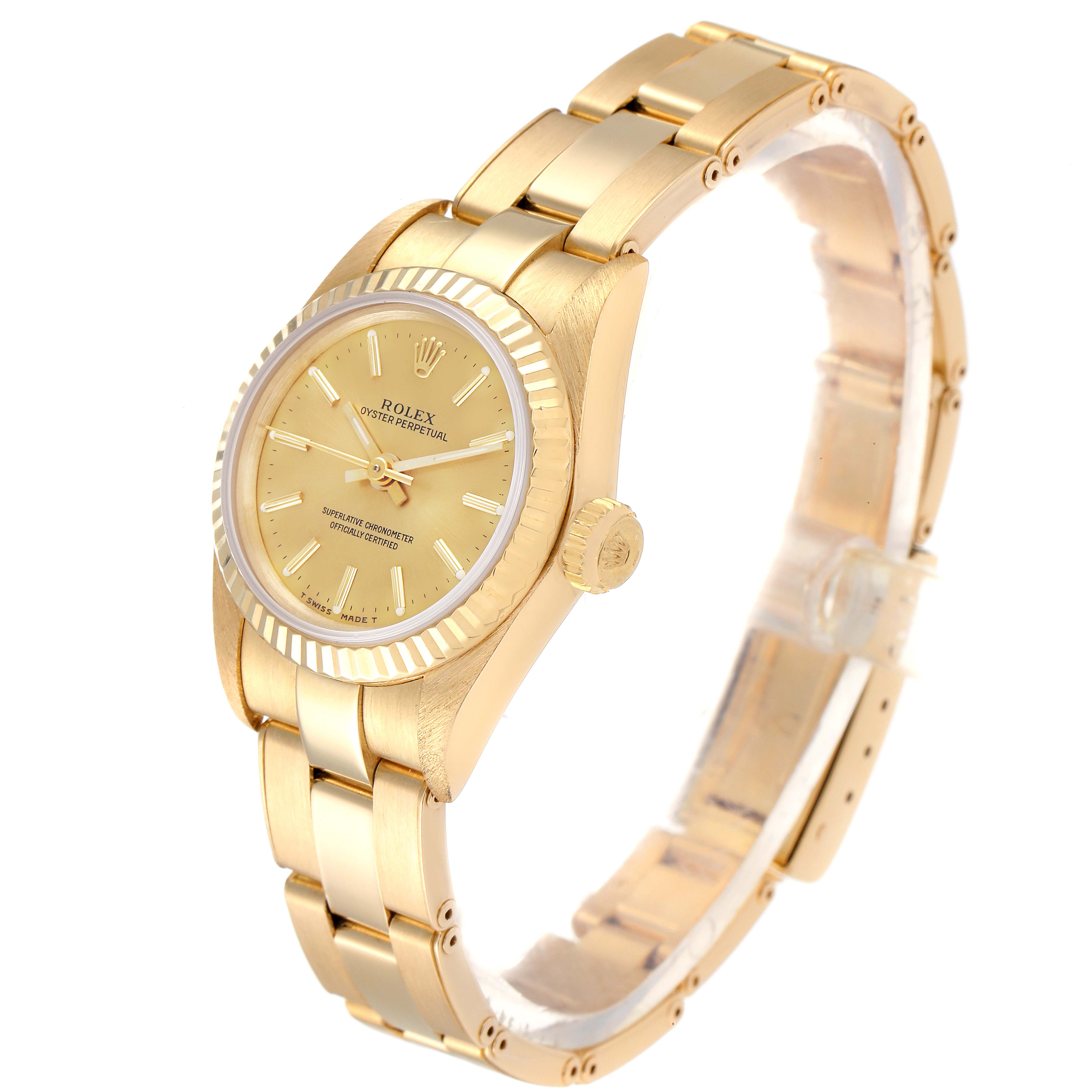 The image shows a Rolex President 67198 Women
s Yellow Gold Champagne Dial 67198 Women
s Yellow Gold Champagne Dial model watch angled to display the face, crown, and bracelet.