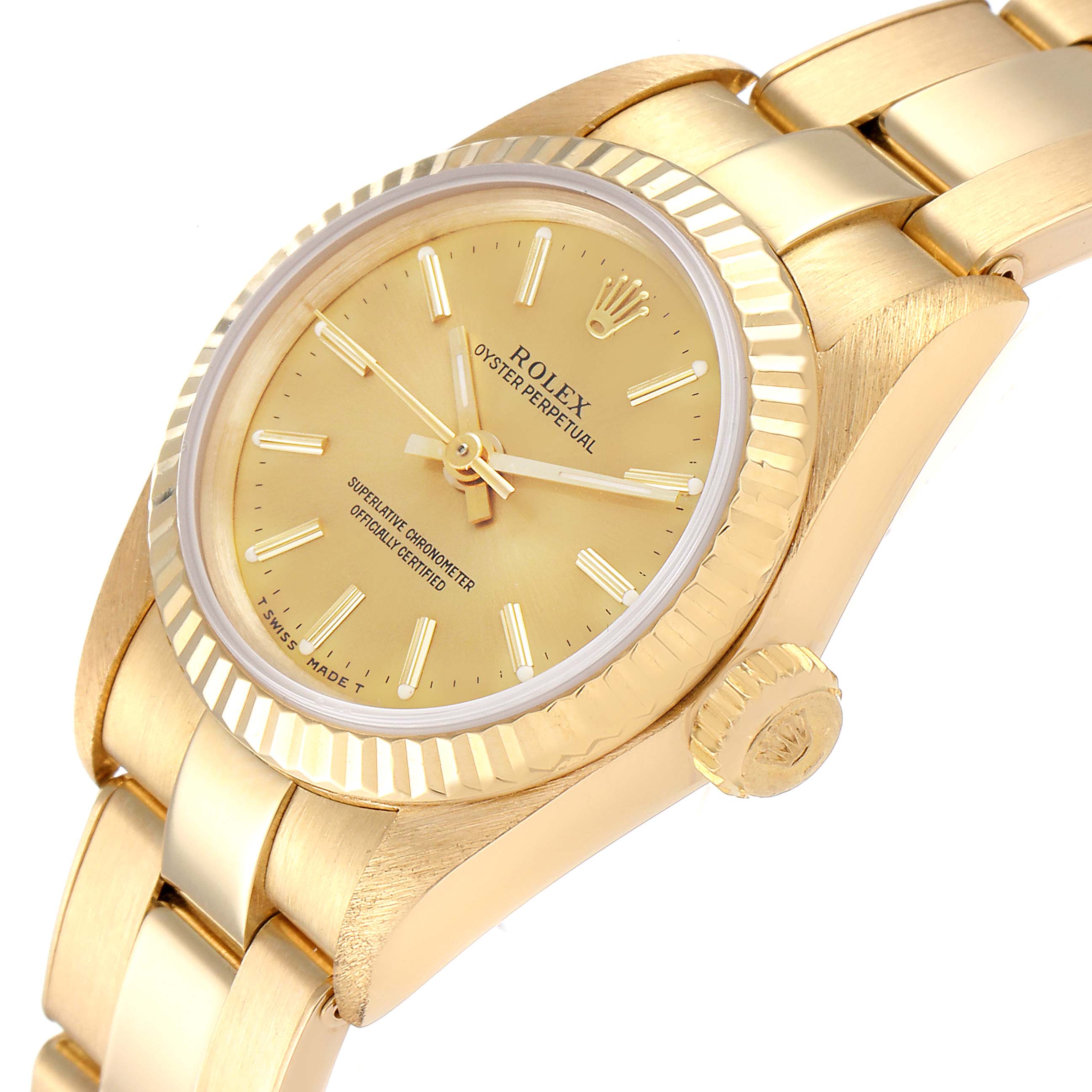 This image shows a close-up of the Rolex President 67198 Women
s Yellow Gold Champagne Dial 67198 Women
s Yellow Gold Champagne Dial model watch, highlighting the dial, bezel, crown, and part of the bracelet.