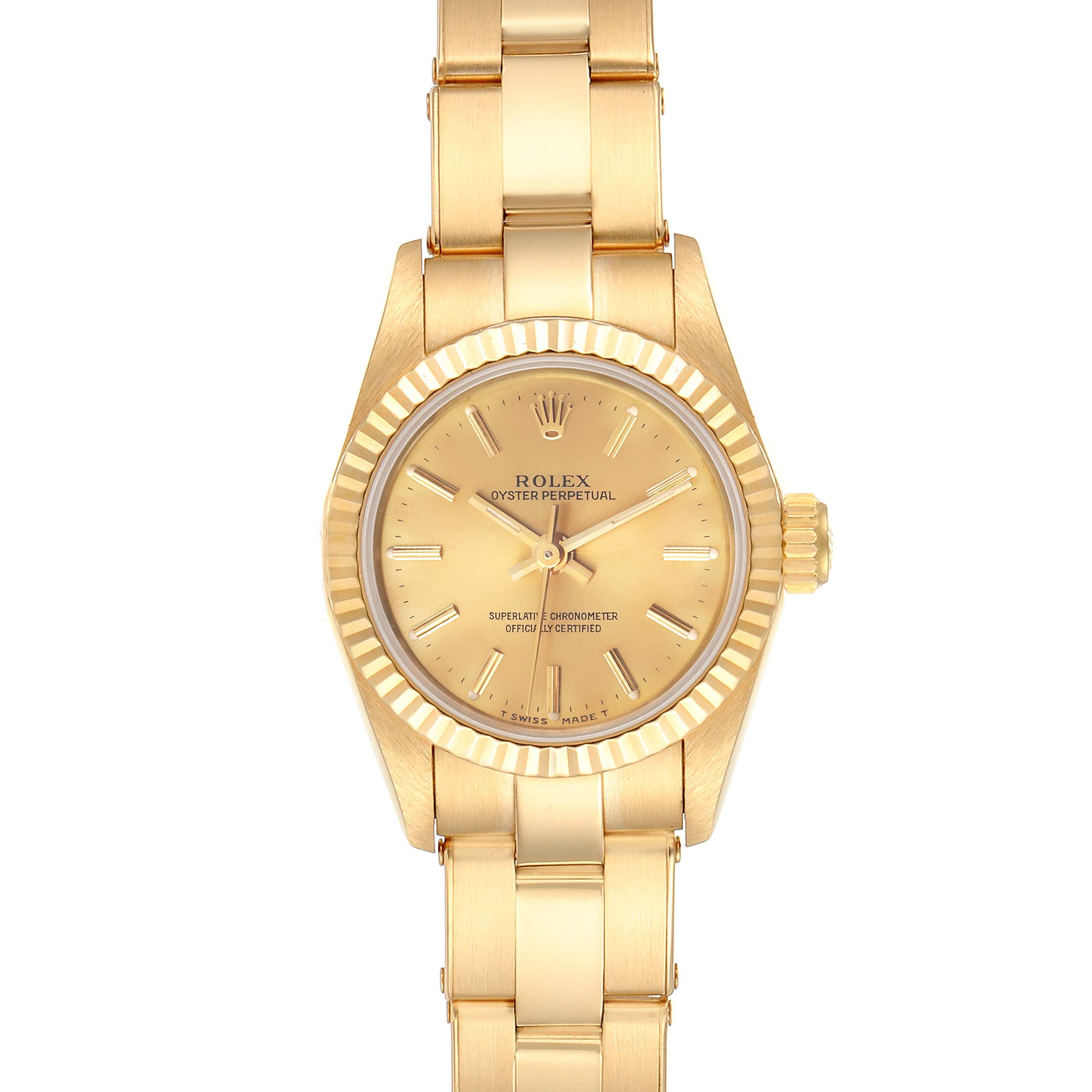 The image shows a frontal view of a Rolex President 67198 Women
s Yellow Gold Champagne Dial 67198 Women
s Yellow Gold Champagne Dial watch, displaying its dial, case, and part of the bracelet.