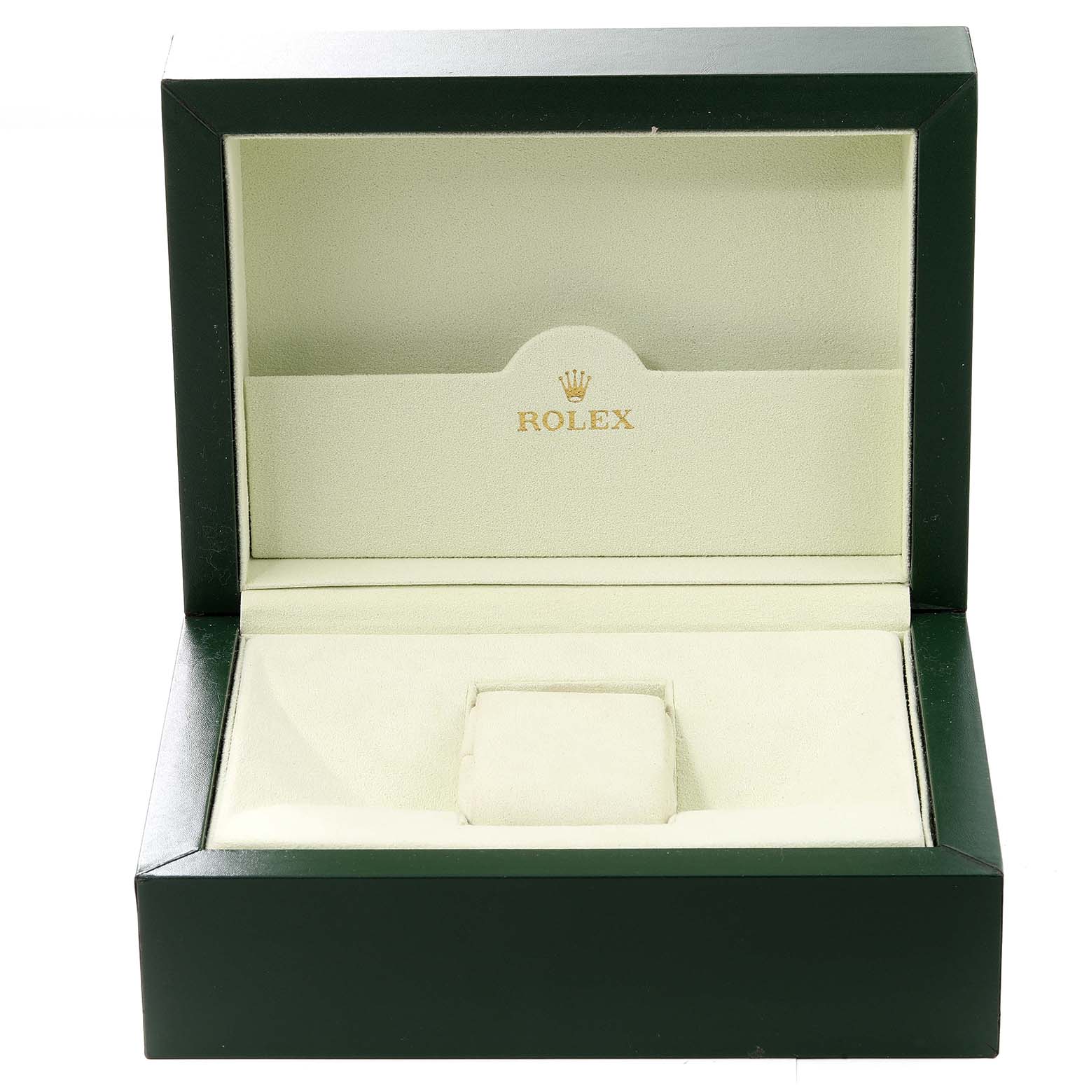 The image shows the open box for a Rolex Sea-Dweller 16600 Men
s Stainless Steel Black Dial 16600 Men
s Stainless Steel Black Dial watch, displaying its velvet interior and the Rolex logo.