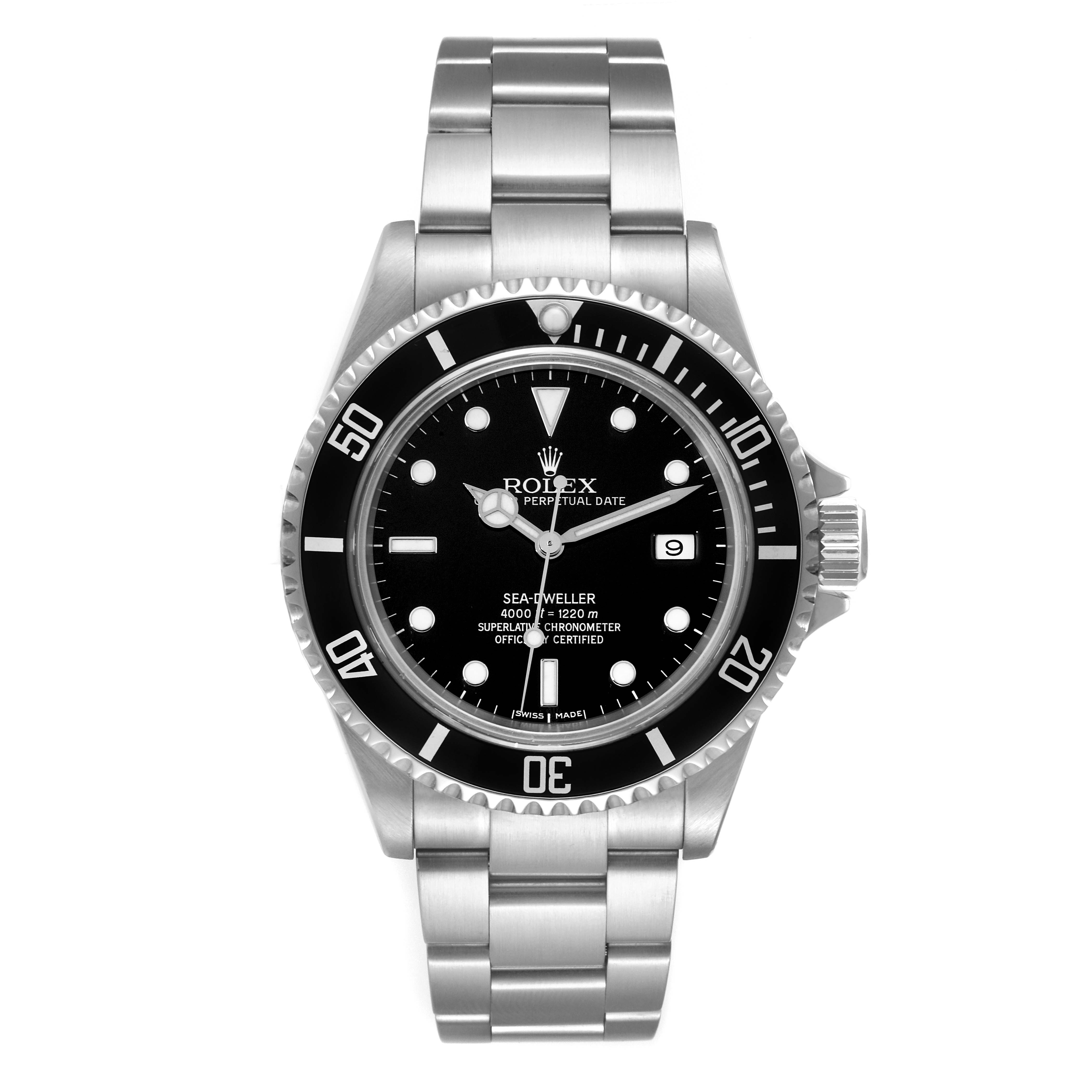 The image shows a front view of the Rolex Sea-Dweller 16600 Men
s Stainless Steel Black Dial 16600 Men
s Stainless Steel Black Dial watch, displaying its face, bezel, and metal bracelet.